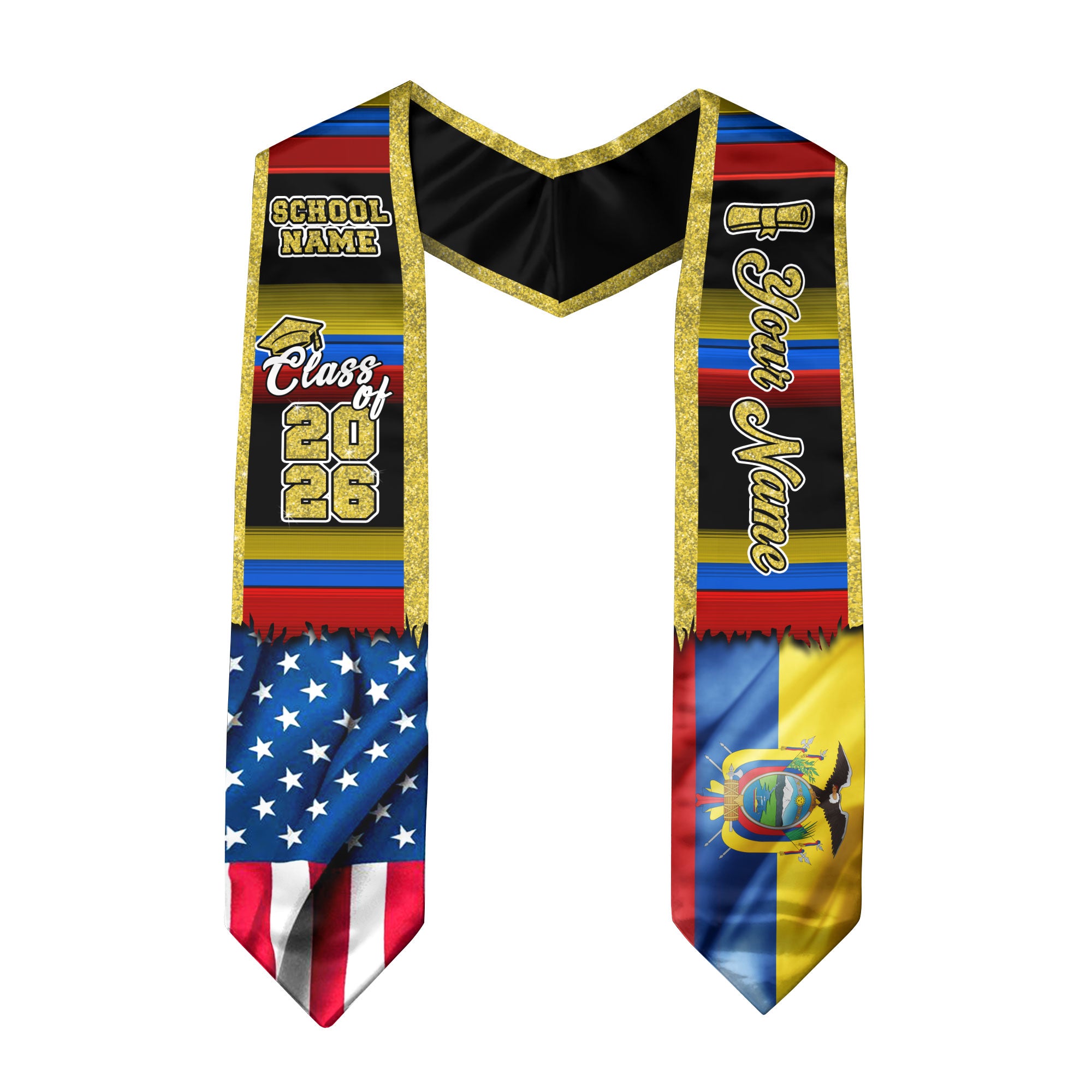 Customized Ecuador Graduation Stole Showcasing Ecuadorian Flag Colors, Graduation Sash Class of 2026