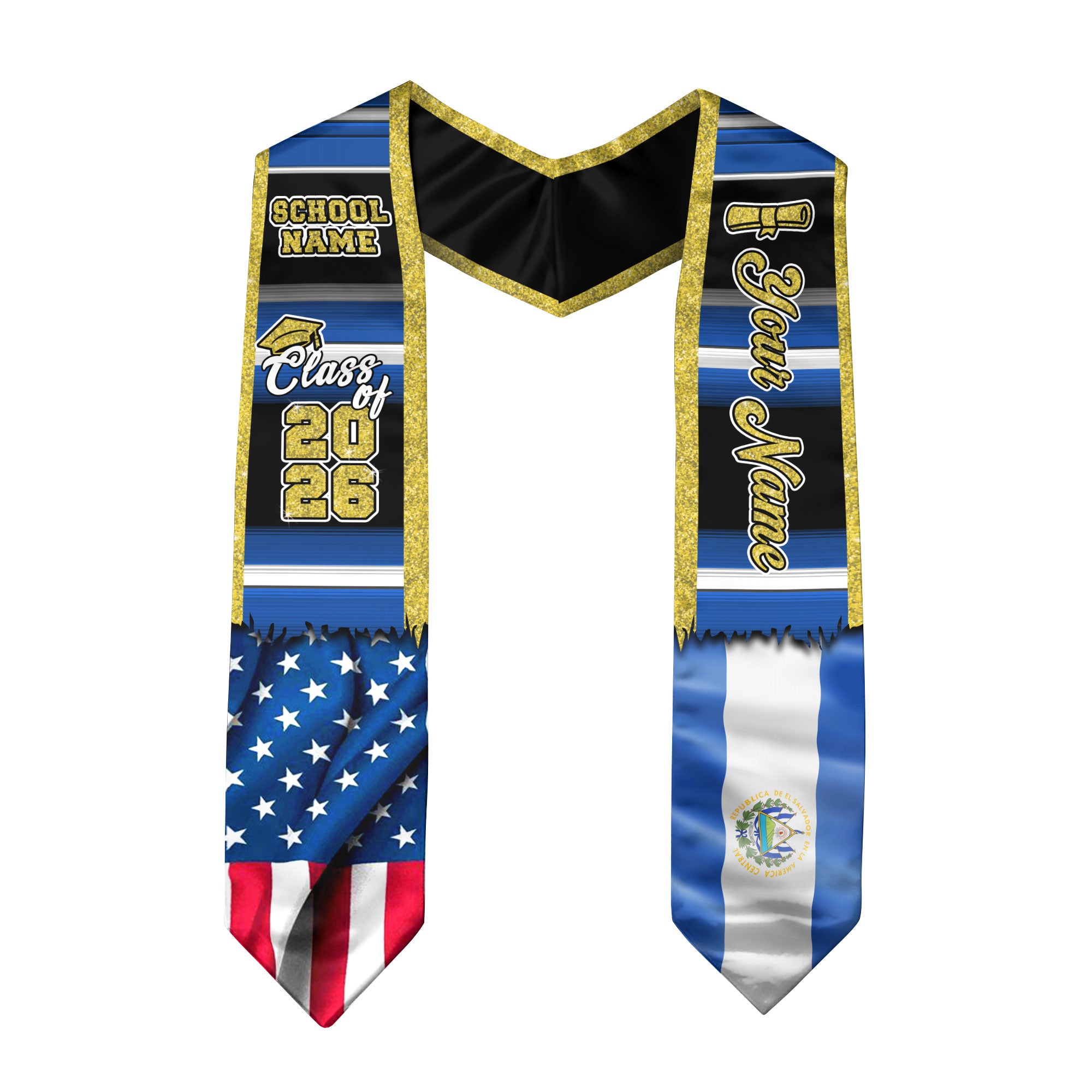 Customized El Salvador Graduation Stole with Salvadoran Flag Design, Graduation Sash for Class of 2026
