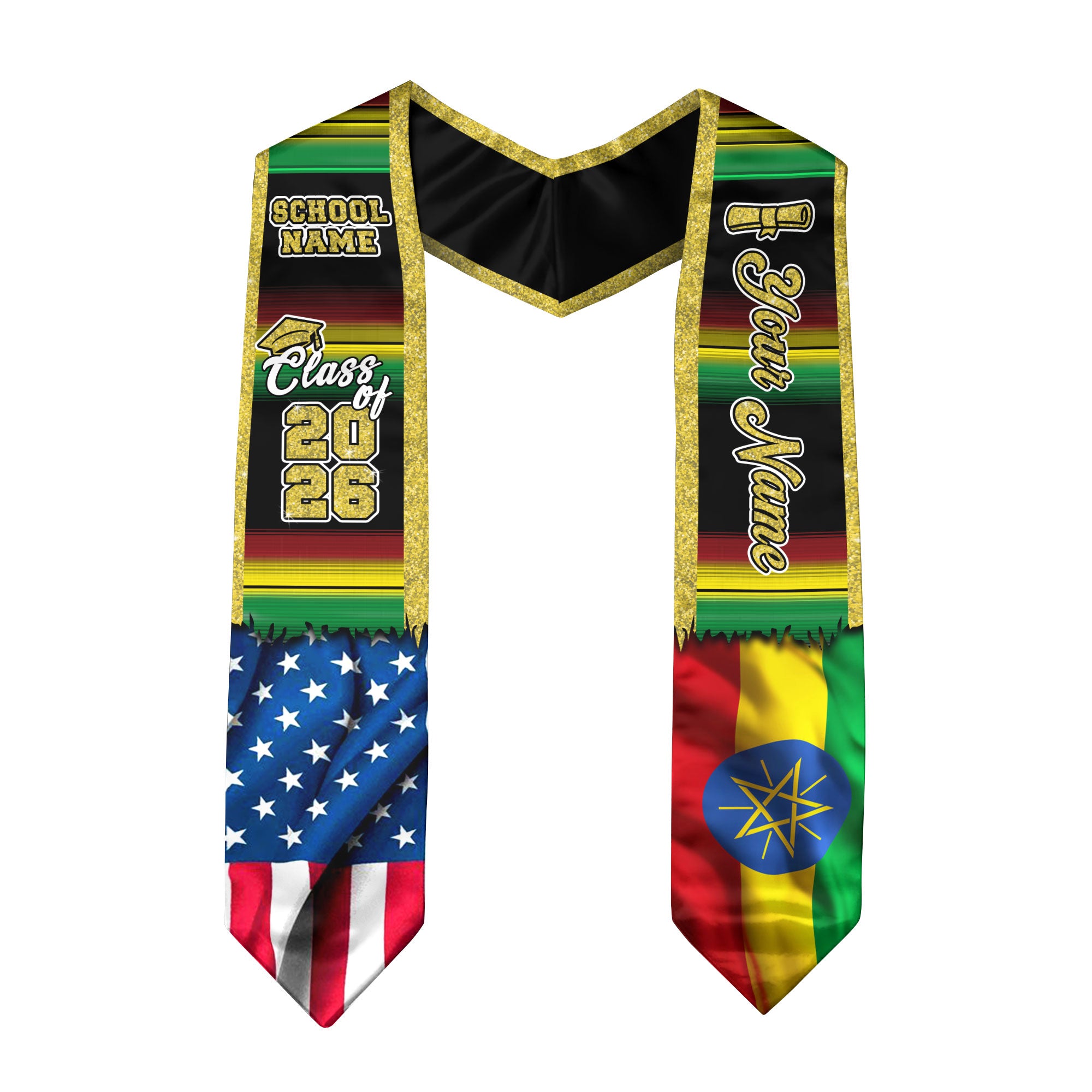 Customized Ethiopia Graduation Stole Featuring Ethiopian Flag Heritage Style, Graduation Sash Class of 2026