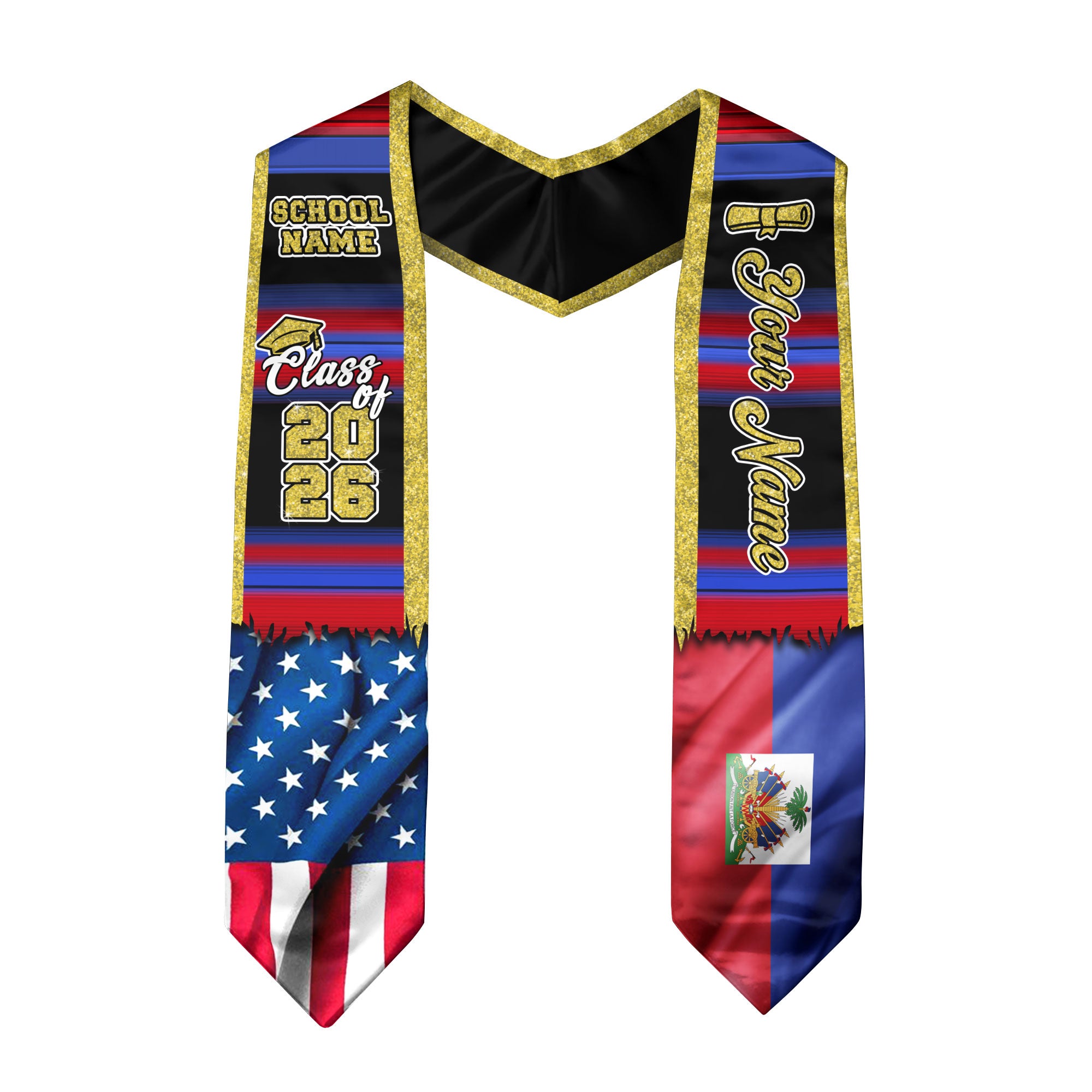 Customized Haiti Graduation Stole with Haitian Flag Inspired Motif, Graduation Sash Class of 2026