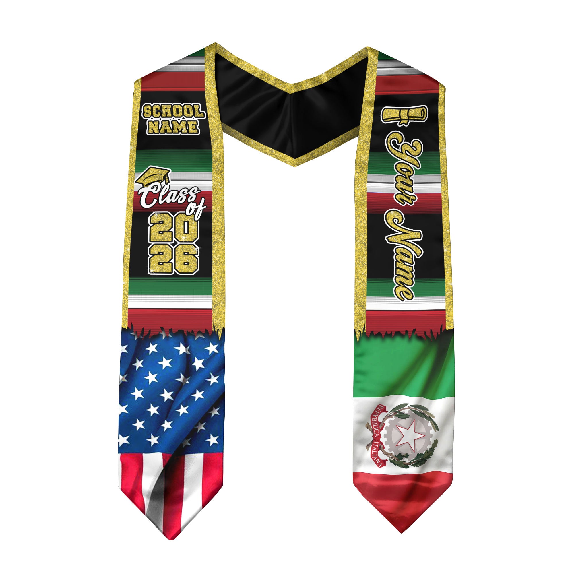 Customized Italy Graduation Stole Featuring Italian Flag Heritage Pattern, Graduation Sash for Class of 2026