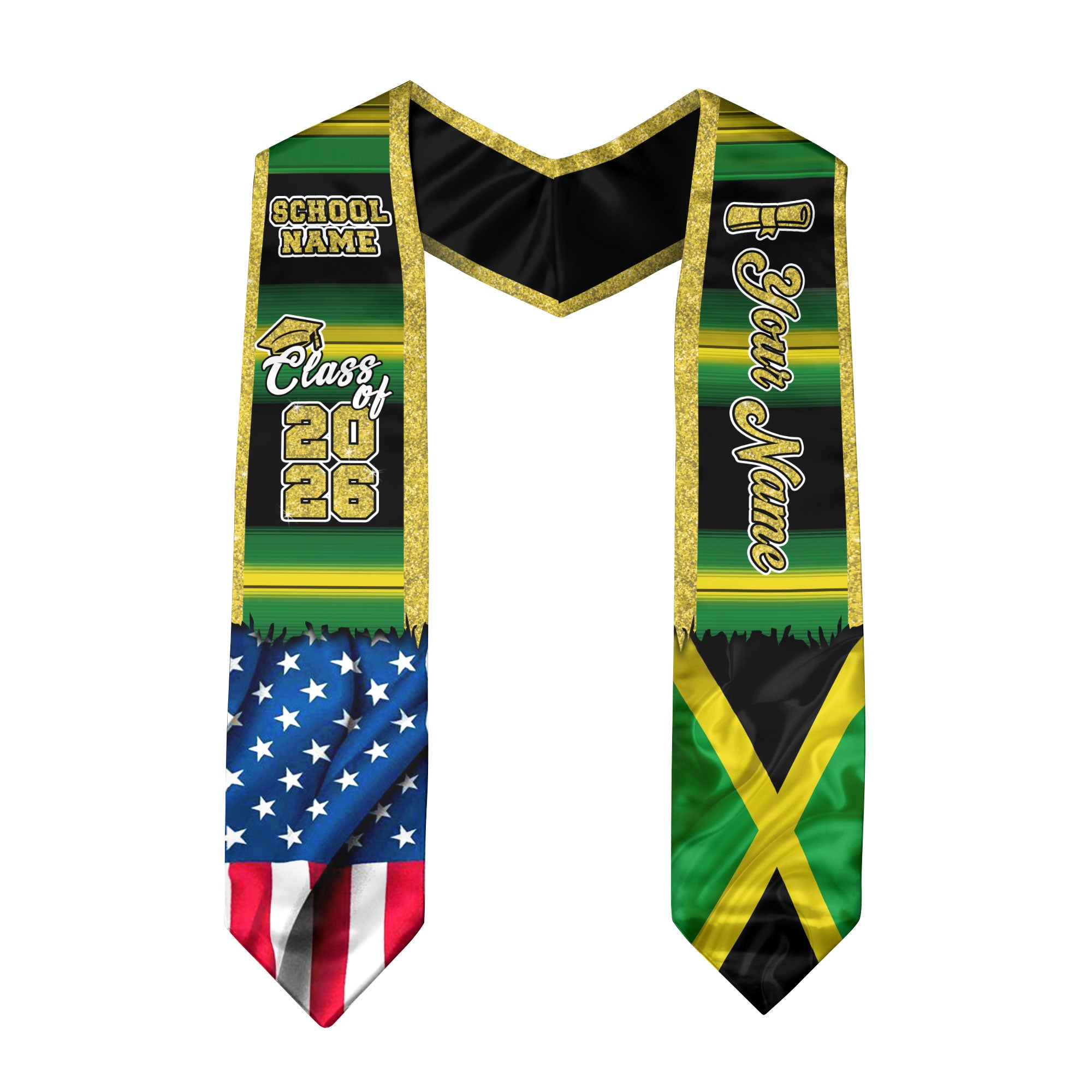 Customized Jamaica Graduation Stole Showcasing Jamaican Flag Style, Graduation Sash Class of 2026