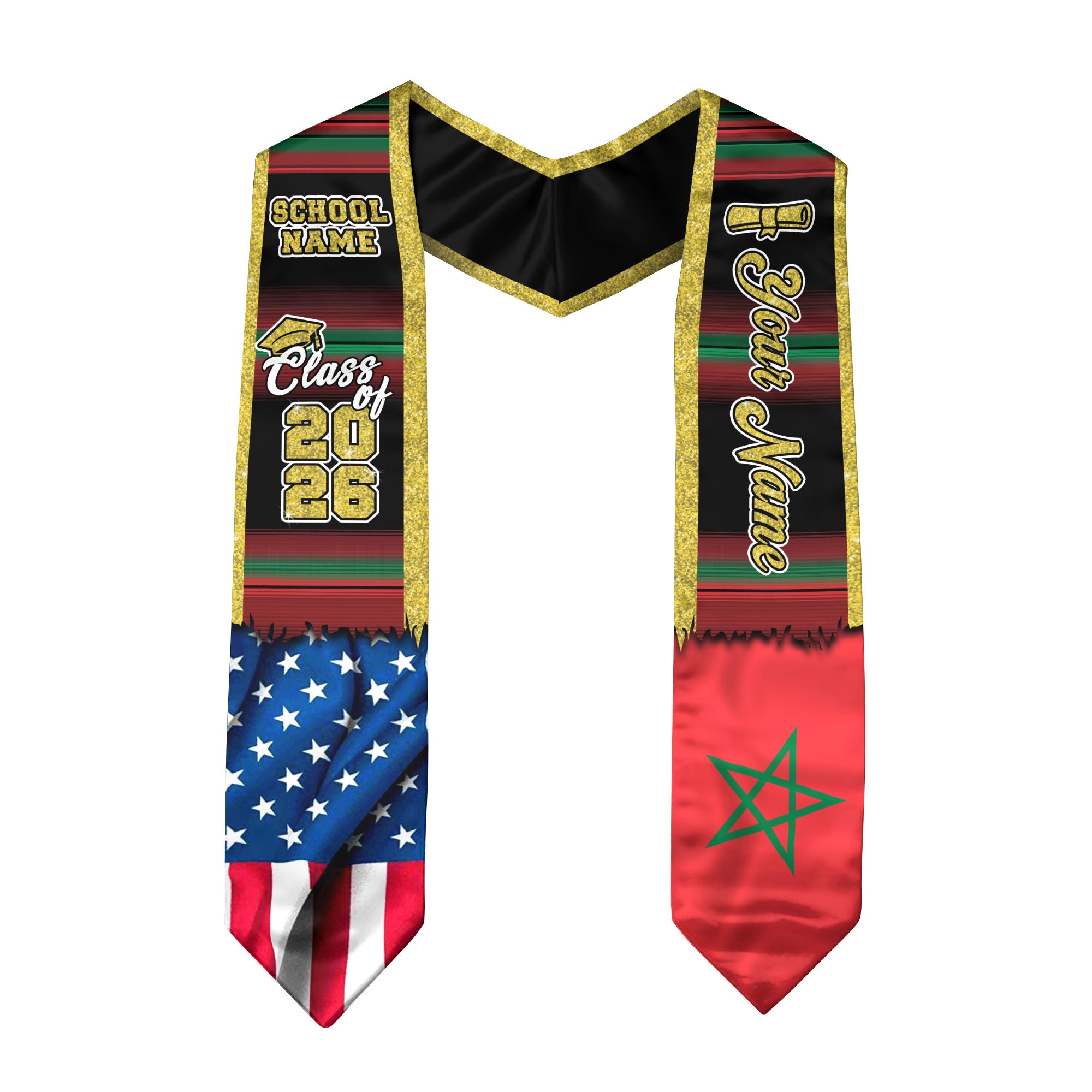 Customized Morocco Graduation Stole Featuring Moroccan Flag Heritage Accents, Graduation Sash Class of 2026