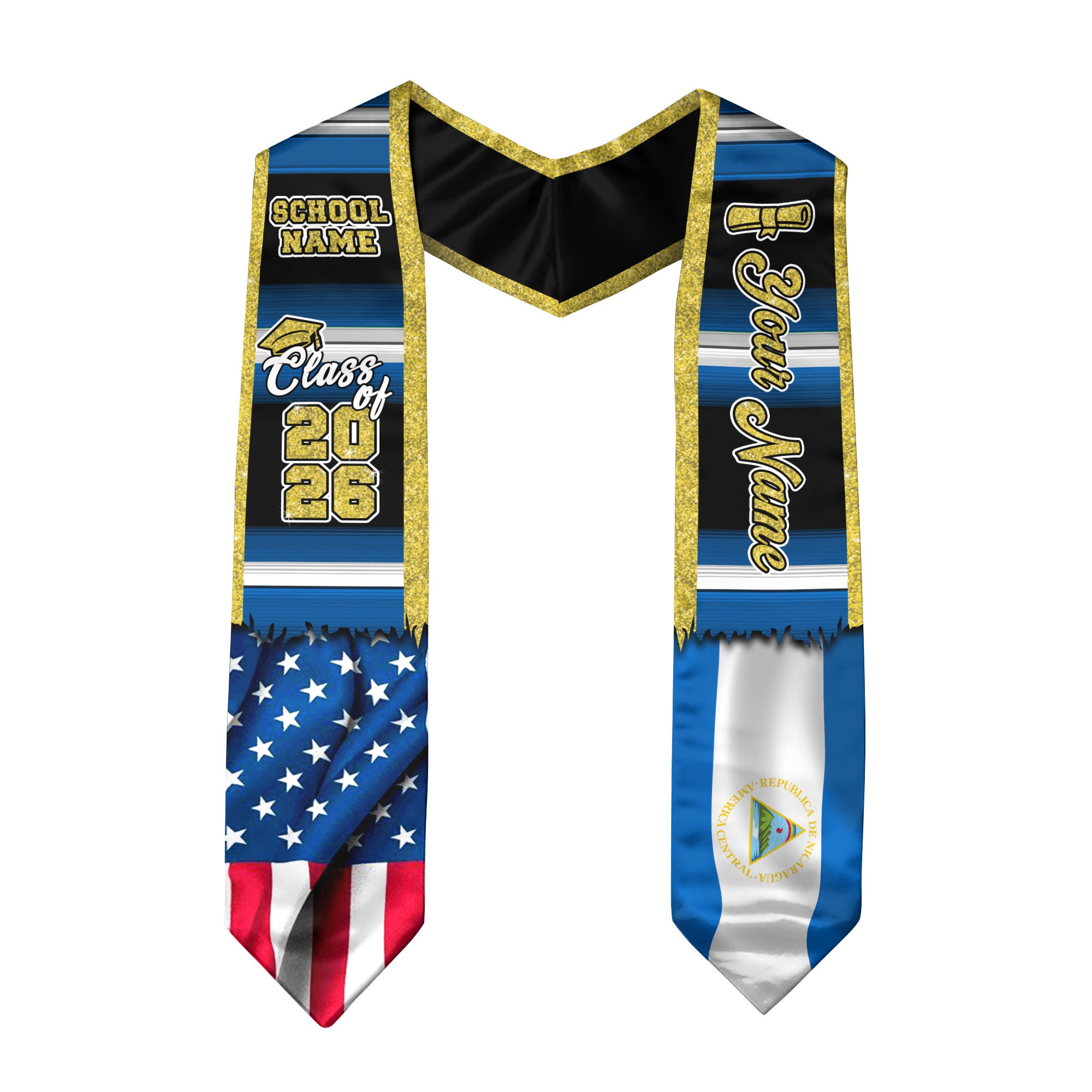 Customized Nicaragua Graduation Stole Showcasing Nicaraguan Flag Design, Graduation Sash Class of 2026