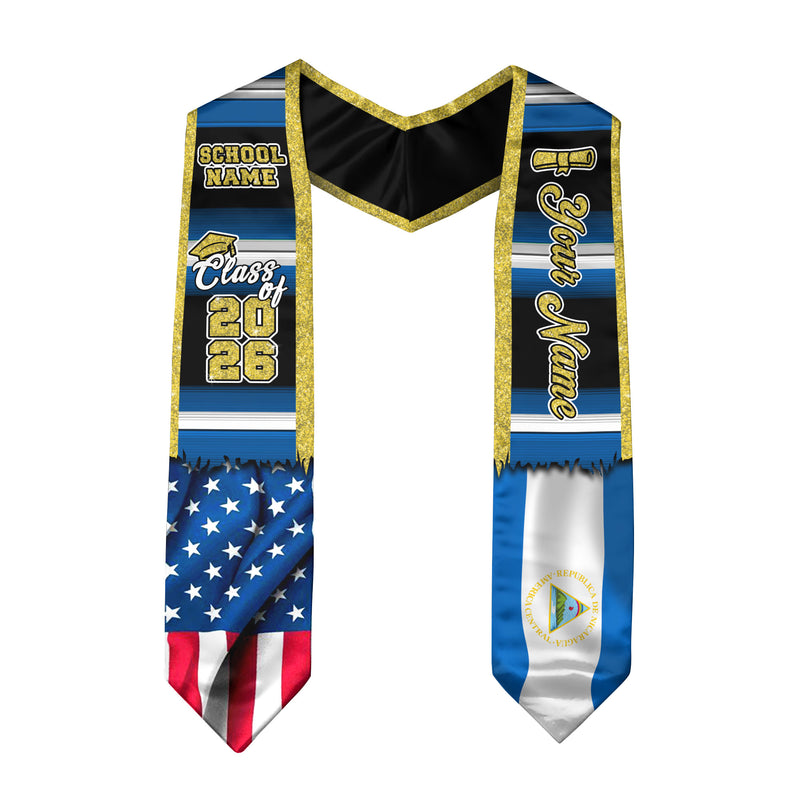 Customized Nicaragua Graduation Stole Showcasing Nicaraguan Flag Design, Graduation Sash Class of 2026