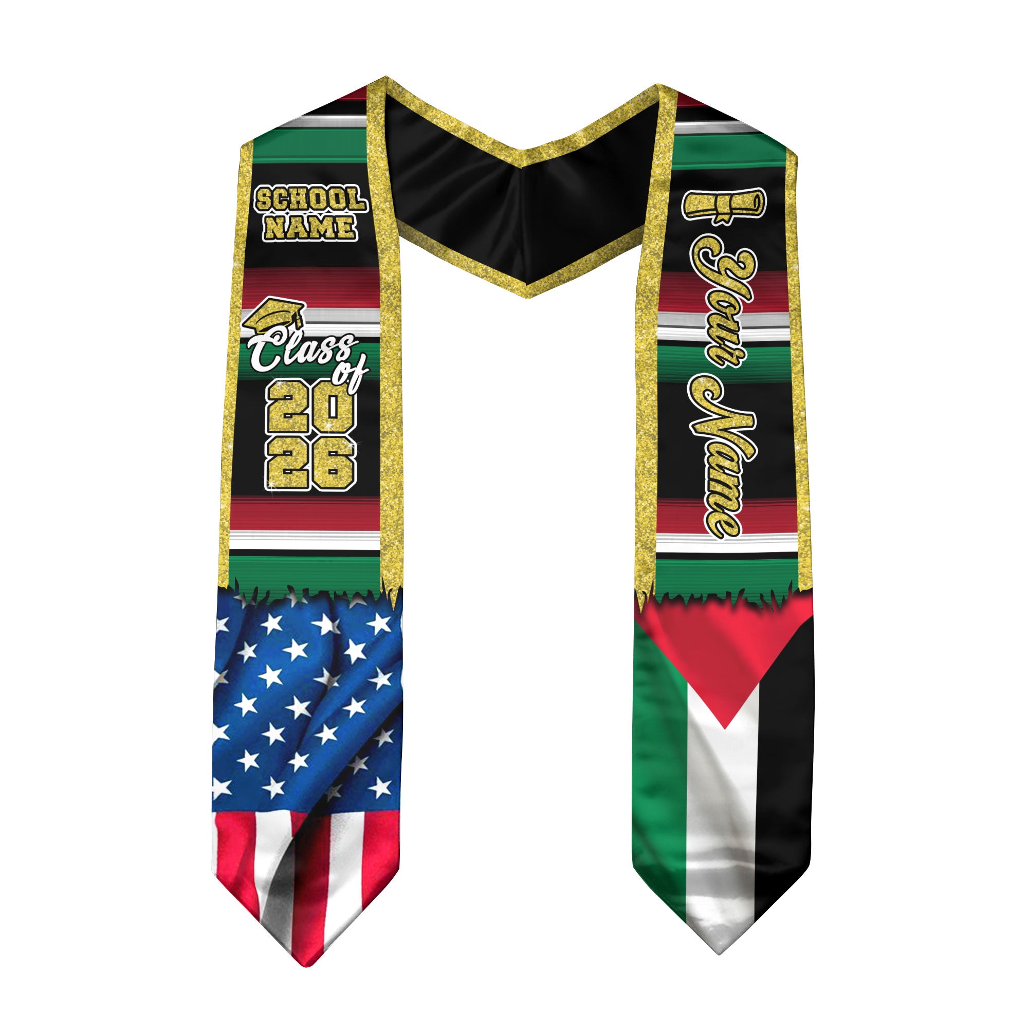 Customized Palestine Graduation Stole with Palestinian Flag Inspired Design, Graduation Sash Class of 2026