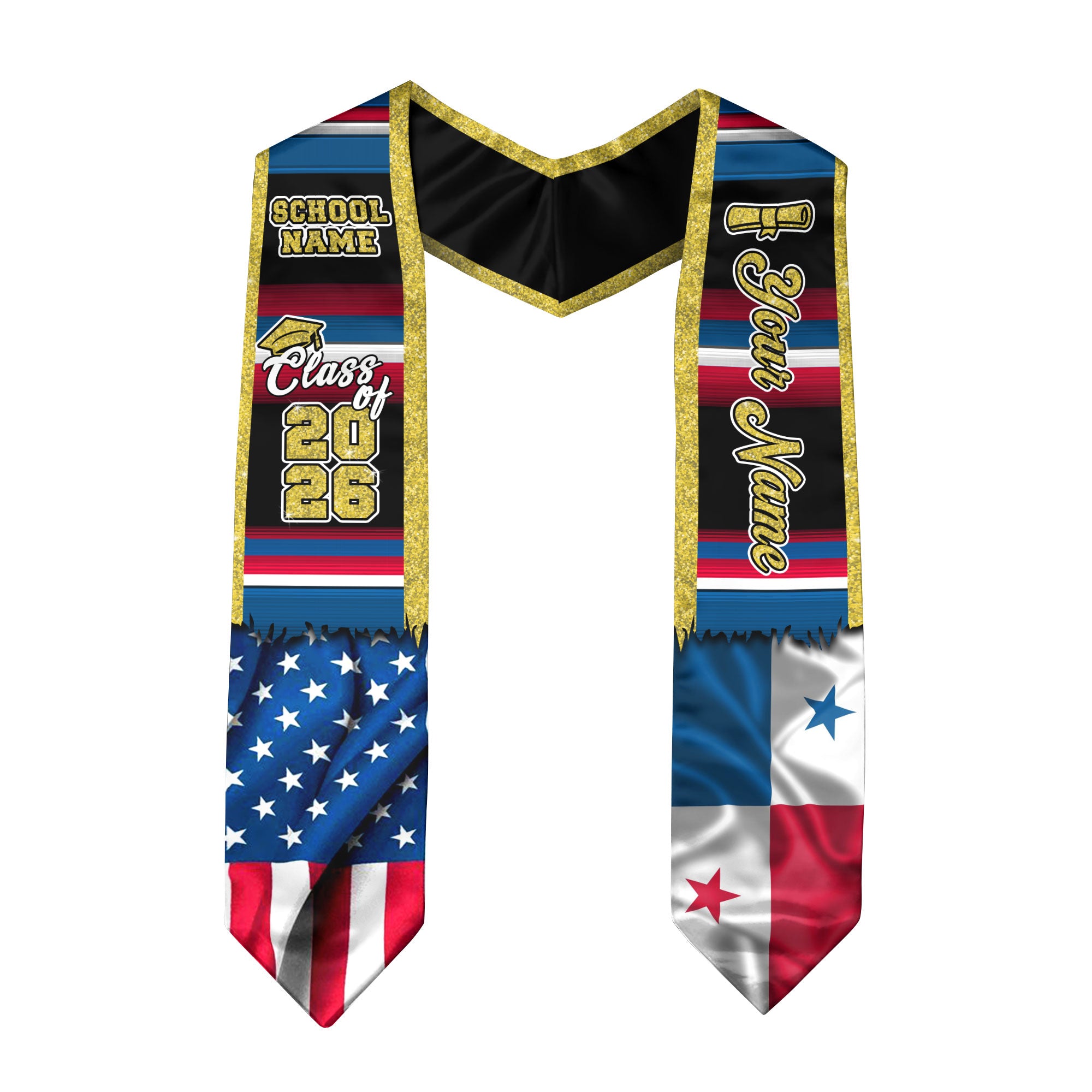 Customized Panama Graduation Stole Highlighting Panamanian Flag Elements, Graduation Sash for Class of 2026