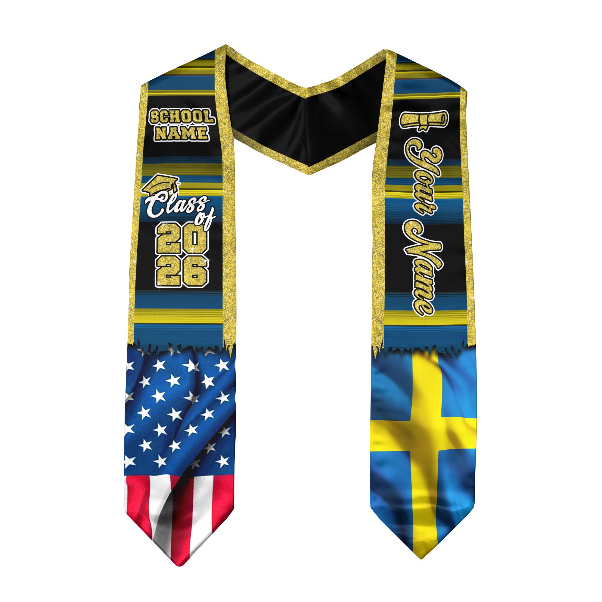 Customized Sweden Graduation Stole Highlighting Swedish Flag Heritage Pattern, Graduation Sash Class of 2026