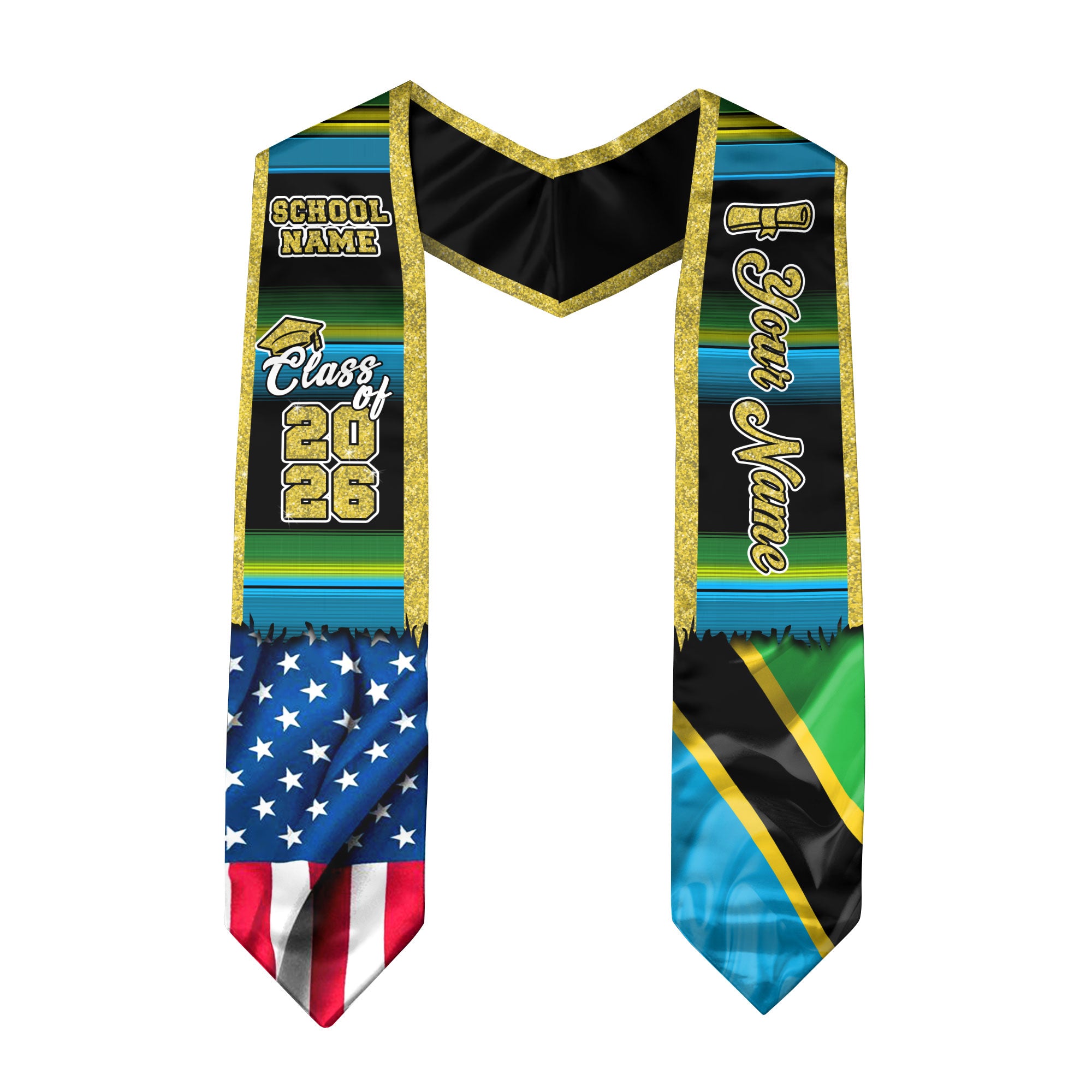Customized Tanzania Graduation Stole Featuring Tanzanian Flag Design, Graduation Sash for Class of 2026