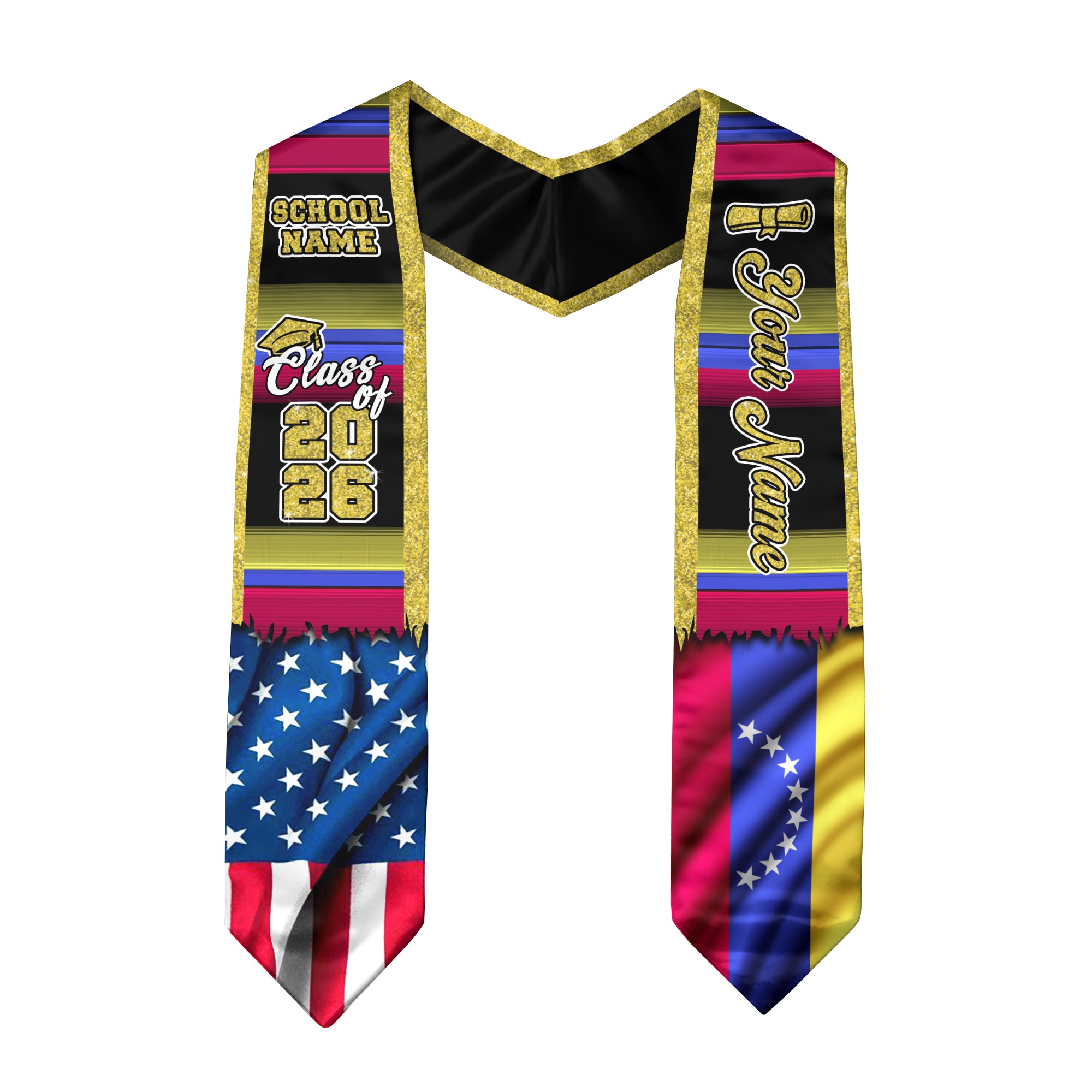 Customized Venezuela Graduation Stole Featuring Venezuelan Flag Inspired Pattern, Graduation Sash for 2026