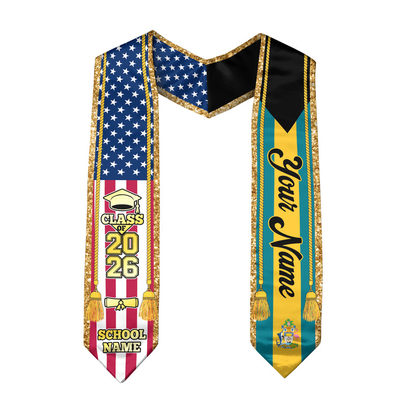 Customized Bahamas Graduation Stole with Island Flag Emblem, Graduation Sash for Class of 2026