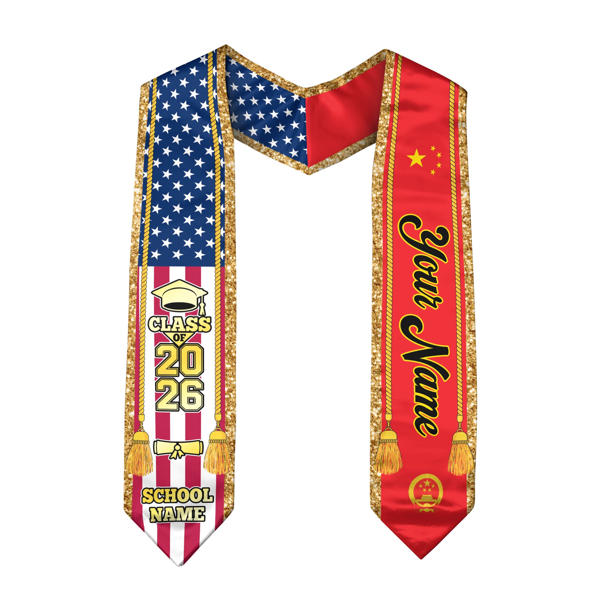 Customized China Graduation Stole with Chinese Flag Emblem, Graduation Sash for Class of 2026