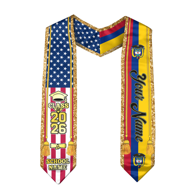 Customized Colombia Graduation Stole with Colombian Flag Emblem, Graduation Sash for Class of 2026