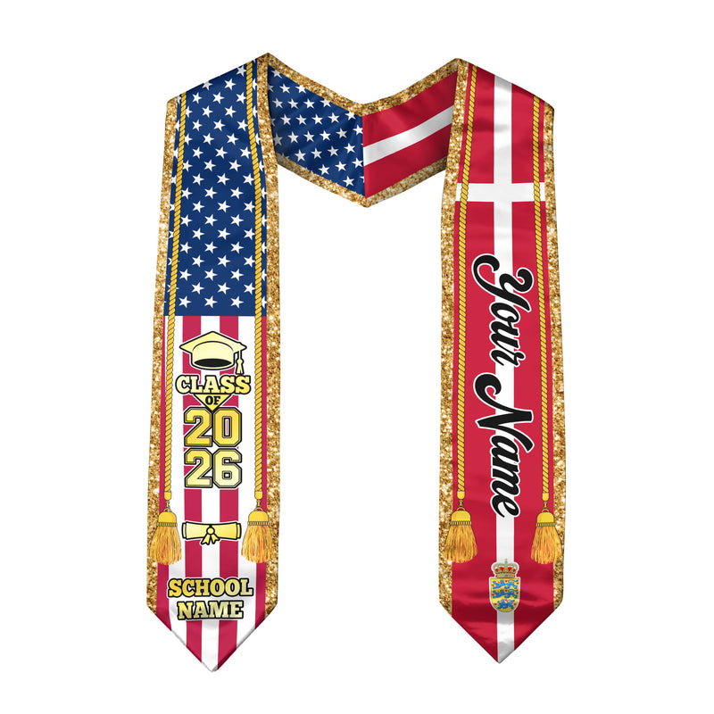 Customized Denmark Graduation Stole with Danish Flag Emblem, Graduation Sash for Class of 2026