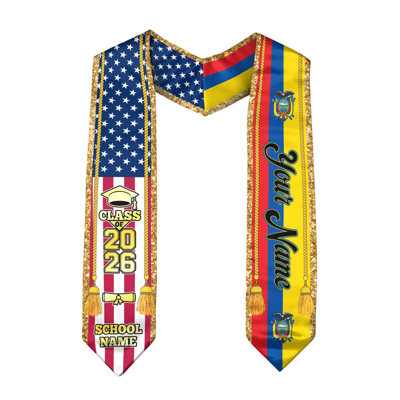 Customized Ecuador Graduation Stole with Ecuadorian Flag Emblem, Graduation Sash for Class of 2026