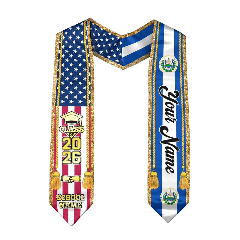 Customized El Salvador Graduation Stole with Salvadoran Flag Emblem, Graduation Sash for Class of 2026