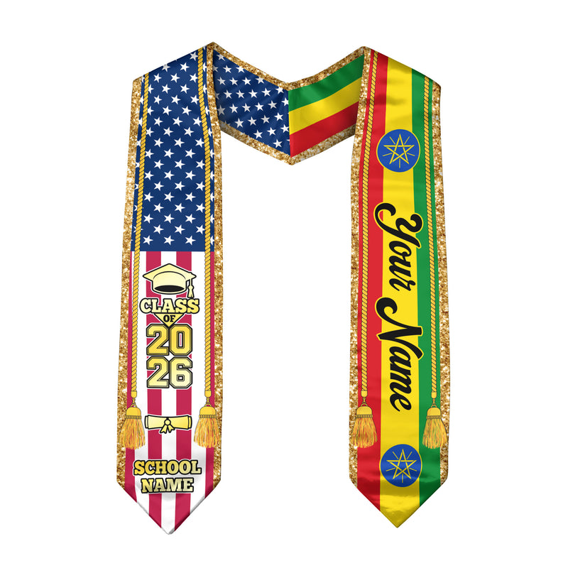 Customized Ethiopia Graduation Stole with Ethiopian Flag Emblem, Graduation Sash for Class of 2026