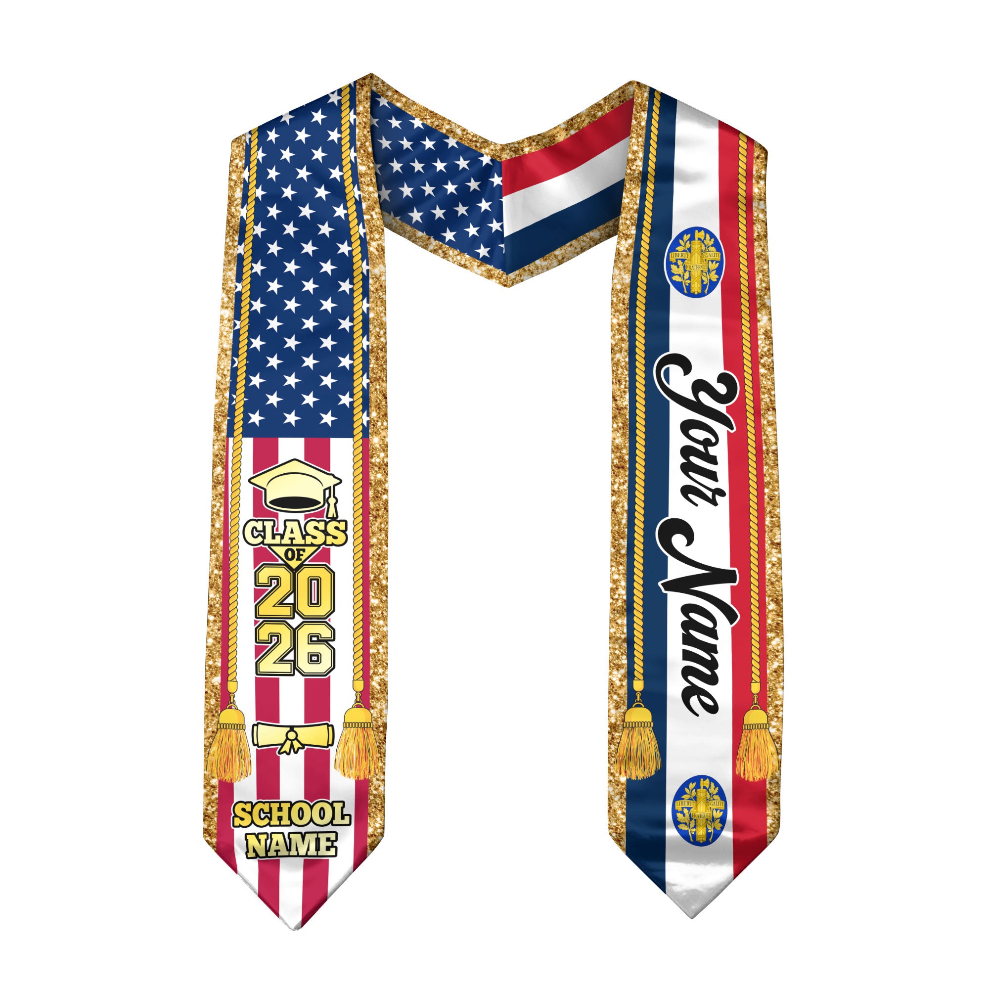 Customized France Graduation Stole with French Flag Emblem, Graduation Sash for Class of 2026