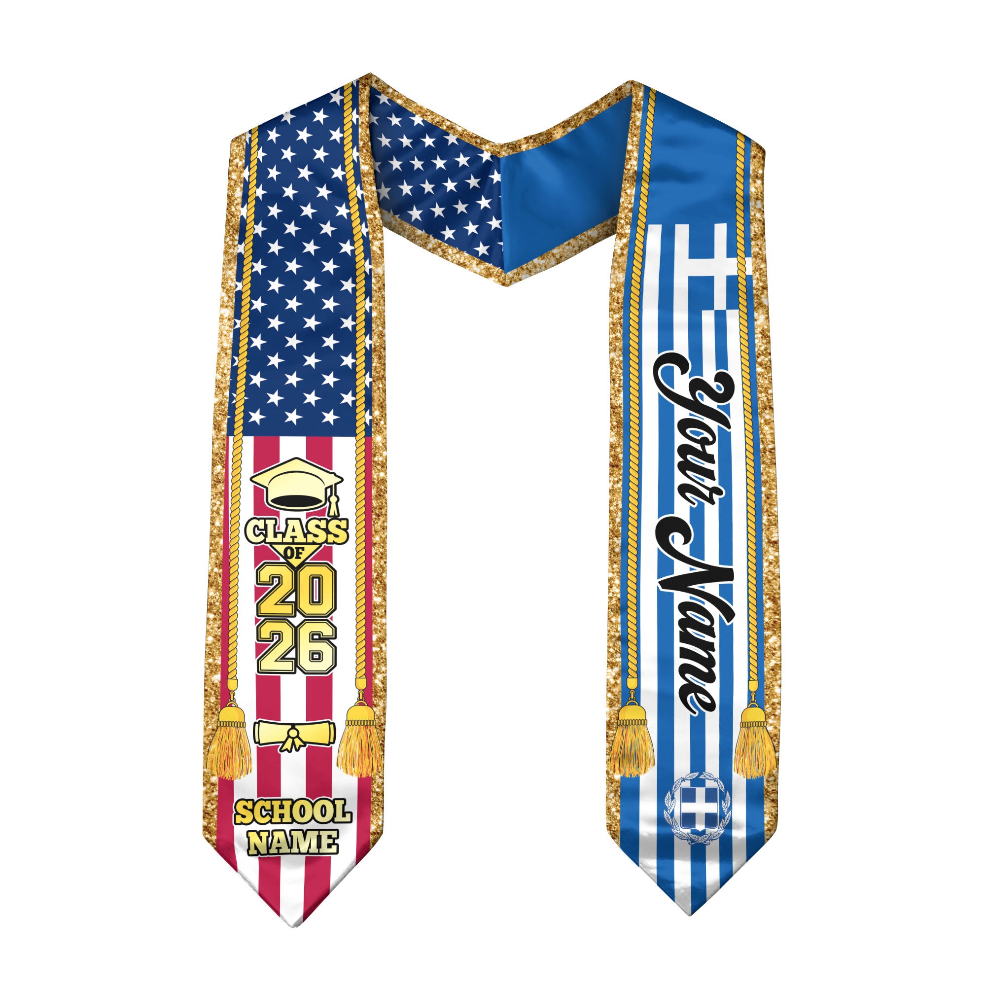 Customized Greece Graduation Stole with Greek Flag Emblem, Graduation Sash for Class of 2026
