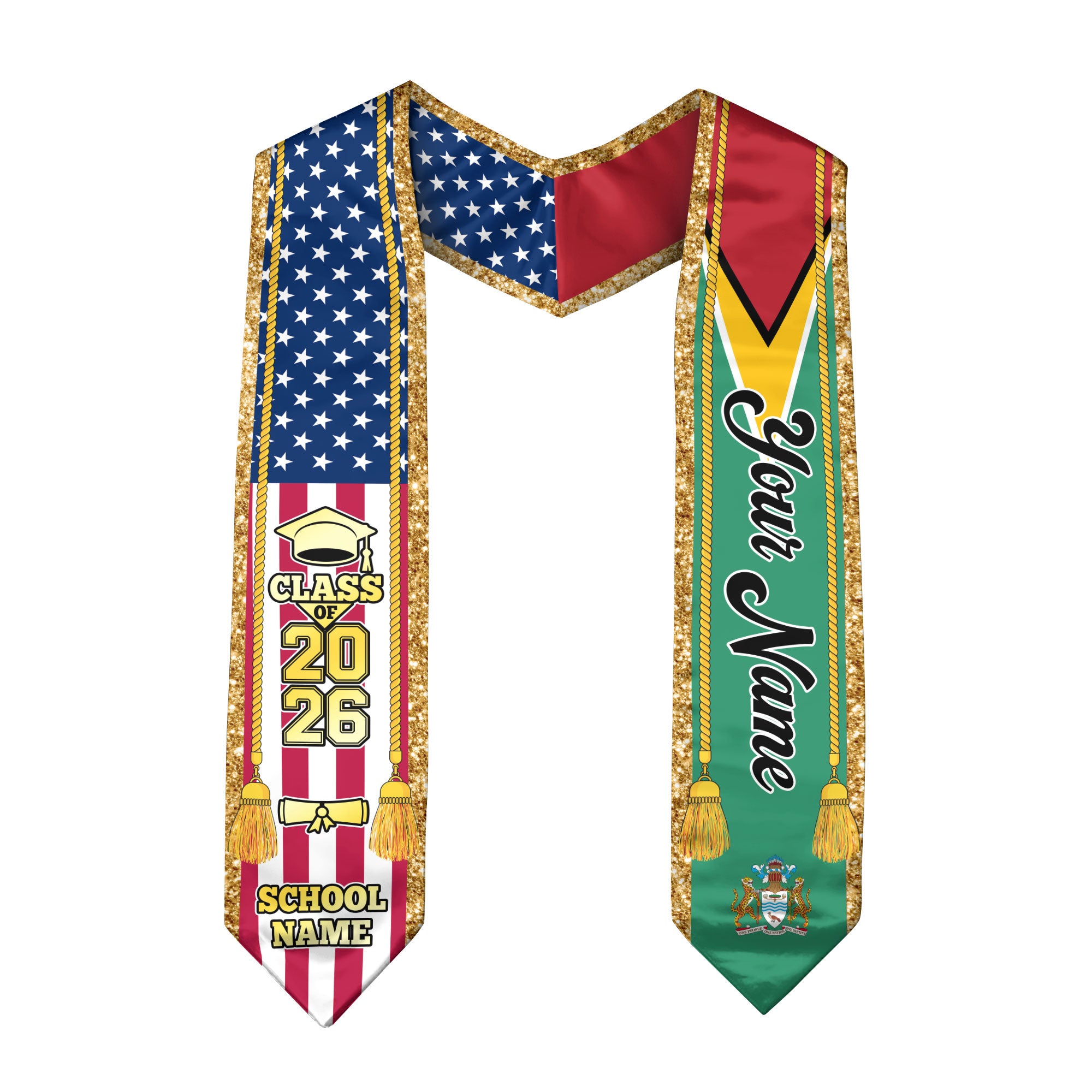 Customized Guyana Graduation Stole with Guyanese Flag Emblem, Graduation Sash for Class of 2026