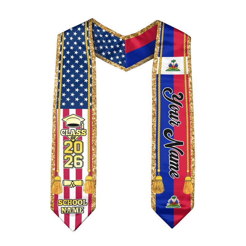 Customized Haiti Graduation Stole with Haitian Flag Emblem, Graduation Sash for Class of 2026