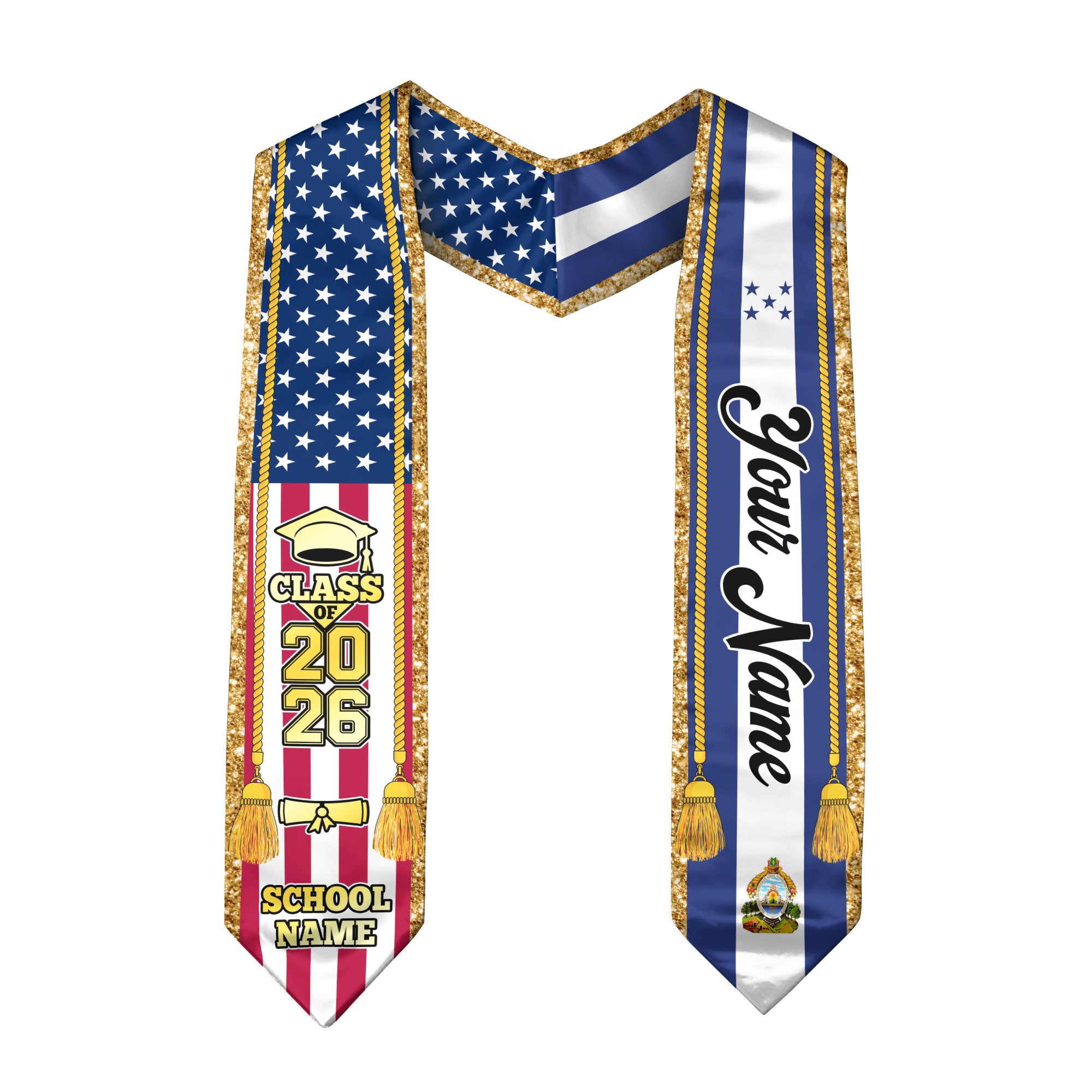 Customized Honduras Graduation Stole with Honduran Flag Emblem, Graduation Sash for Class of 2026