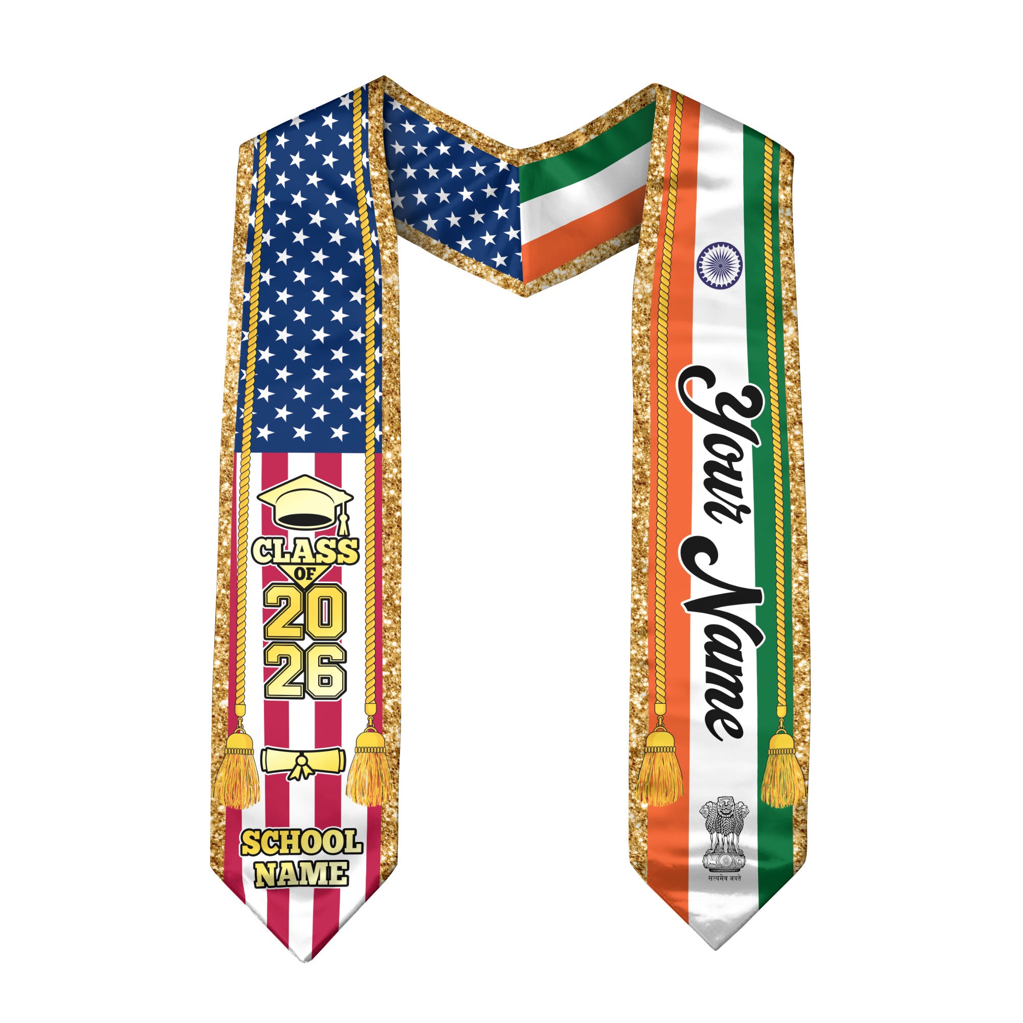 Customized India Graduation Stole with Indian Flag Emblem, Graduation Sash for Class of 2026