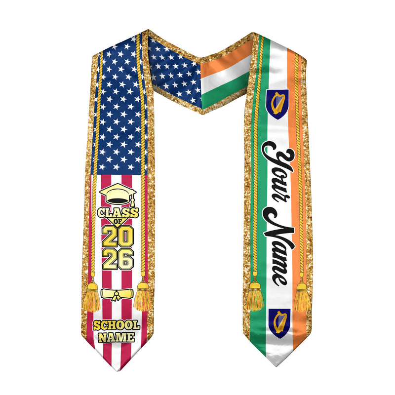 Customized Ireland Graduation Stole with Irish Flag Emblem, Graduation Sash for Class of 2026