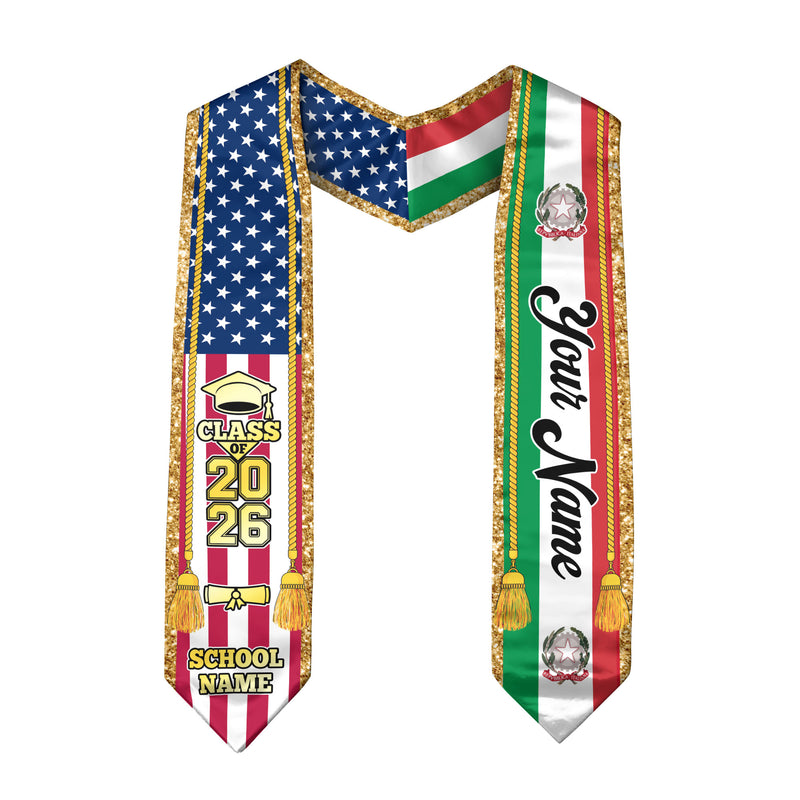Customized Italy Graduation Stole with Italian Flag Emblem, Graduation Sash for Class of 2026