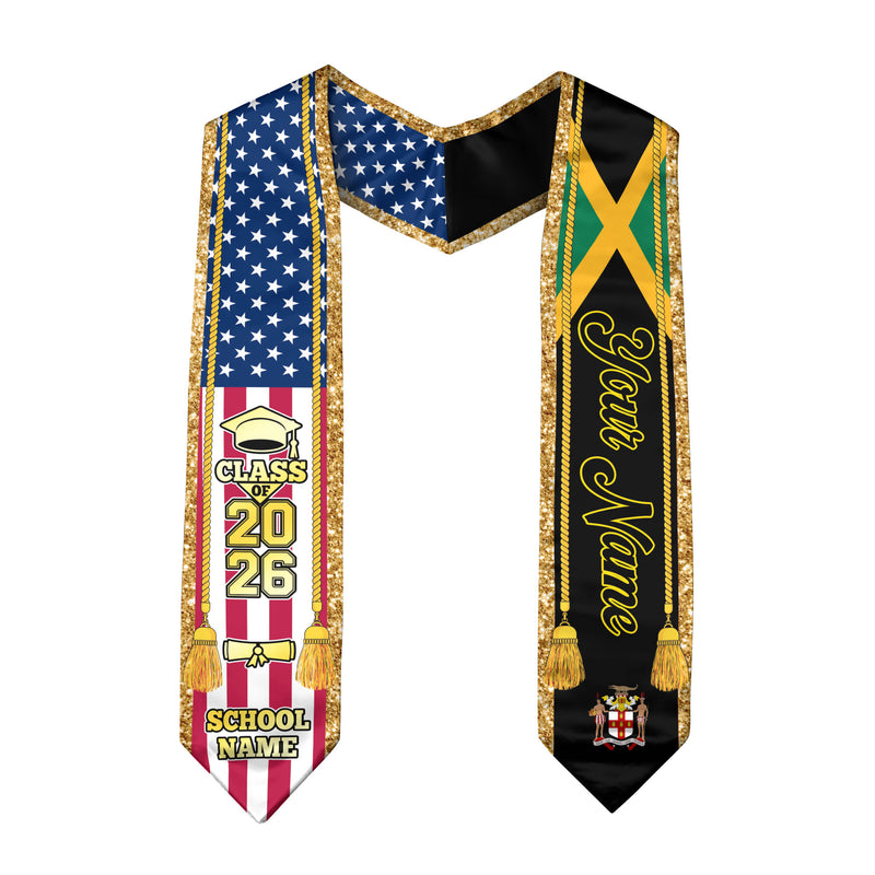 Customized Jamaica Graduation Stole with Jamaican Flag Emblem, Graduation Sash for Class of 2026