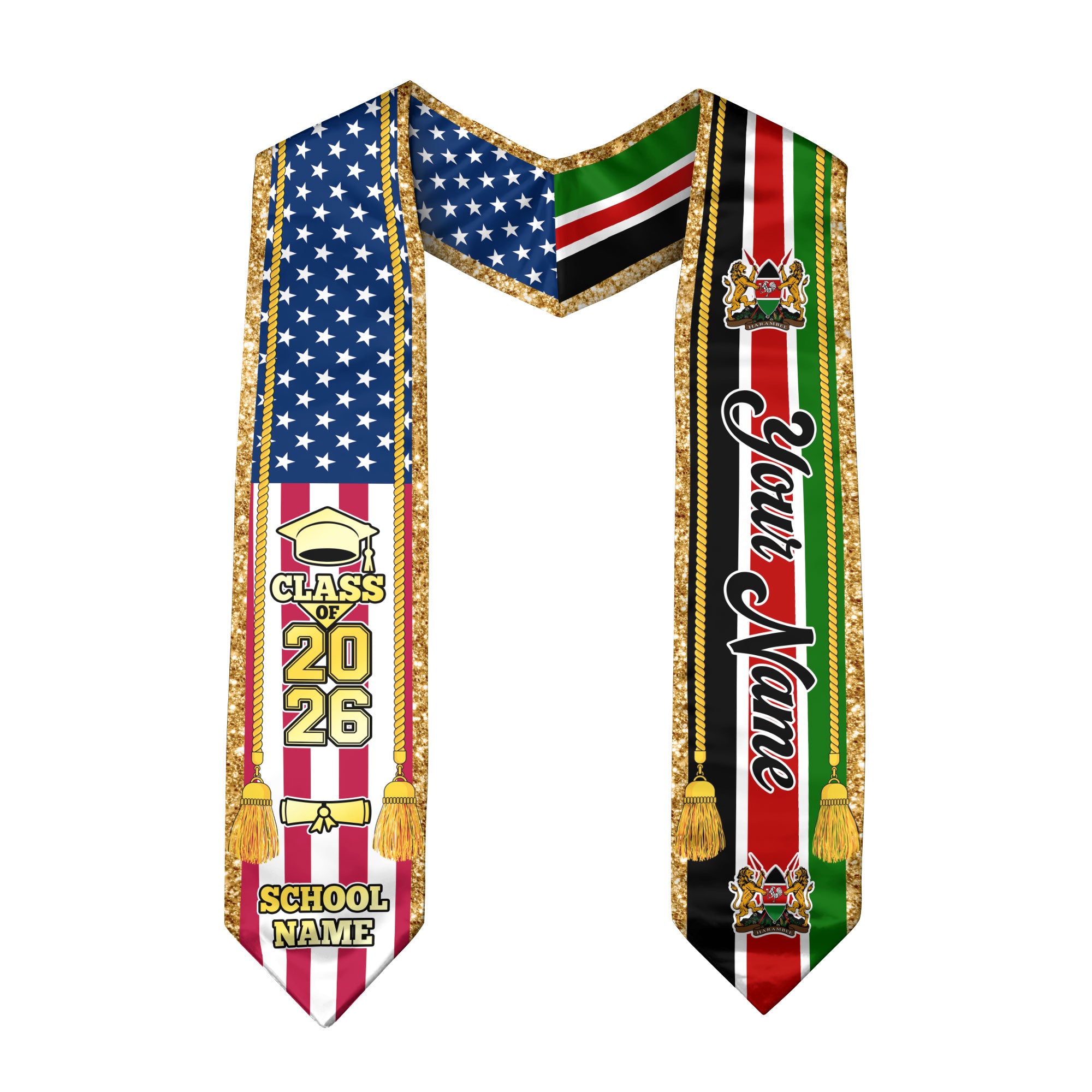 Customized Kenya Graduation Stole with Kenyan Flag Emblem, Graduation Sash for Class of 2026