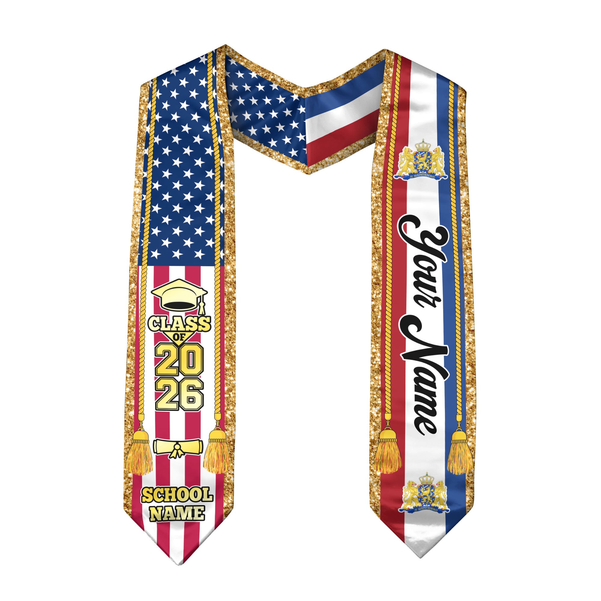 Customized Netherlands Graduation Stole with Dutch Flag Emblem, Graduation Sash for Class of 2026