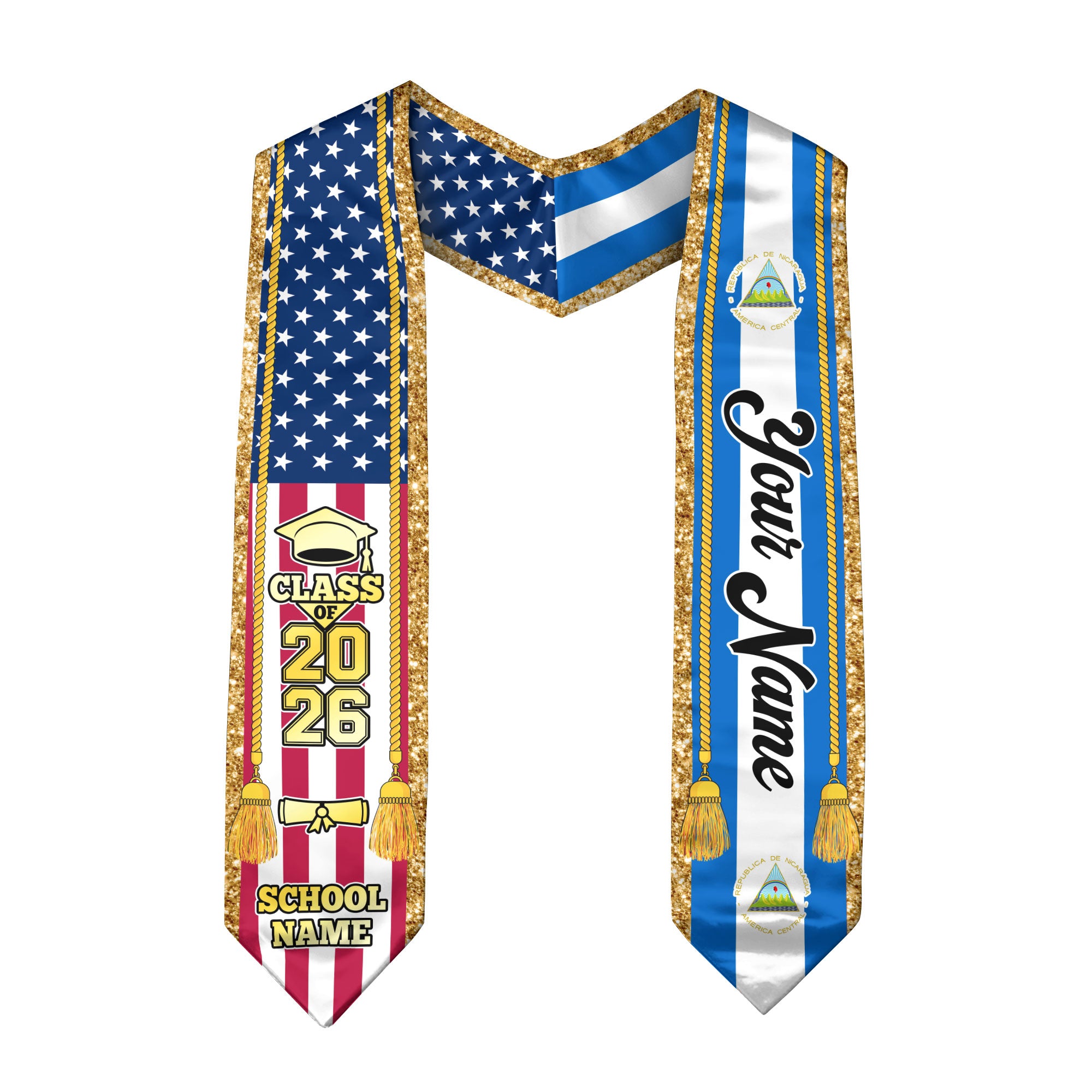 Customized Nicaragua Graduation Stole with Nicaraguan Flag Emblem, Graduation Sash for Class of 2026