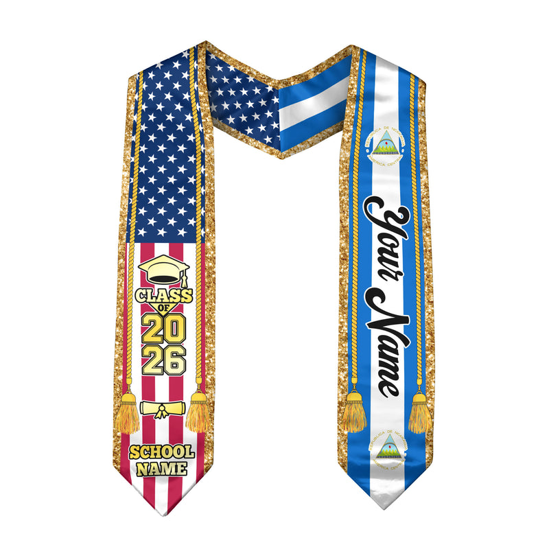 Customized Nicaragua Graduation Stole with Nicaraguan Flag Emblem, Graduation Sash for Class of 2026