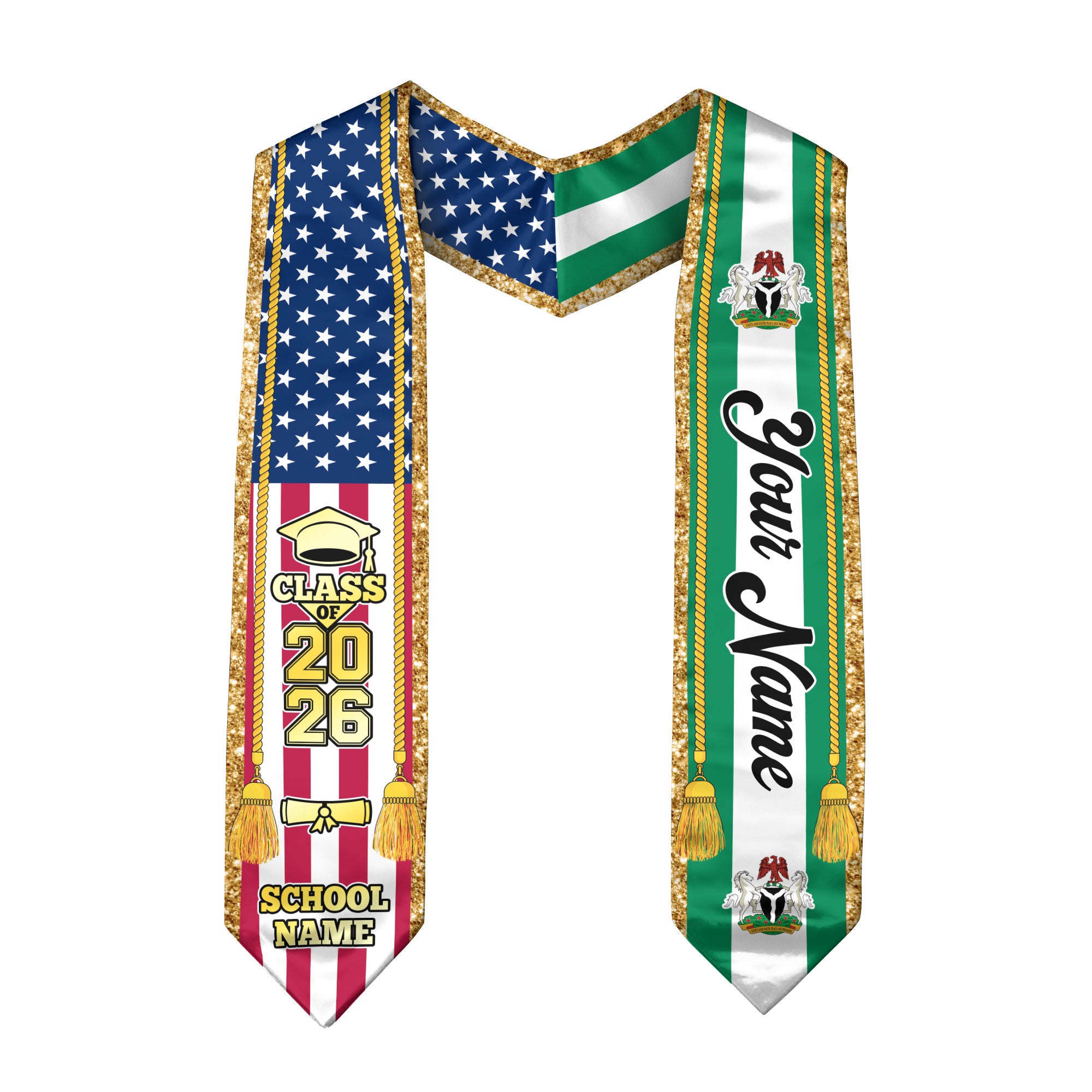Customized Nigeria Graduation Stole with Nigerian Flag Emblem, Graduation Sash for Class of 2026