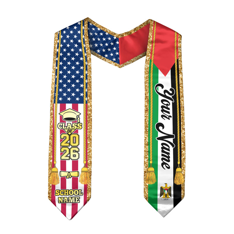 Customized Palestine Graduation Stole with Palestinian Flag Emblem, Graduation Sash for Class of 2026