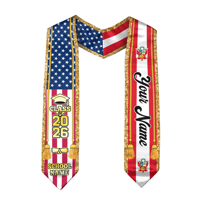 Customized Peru Graduation Stole with Peruvian Flag Emblem, Graduation Sash for Class of 2026