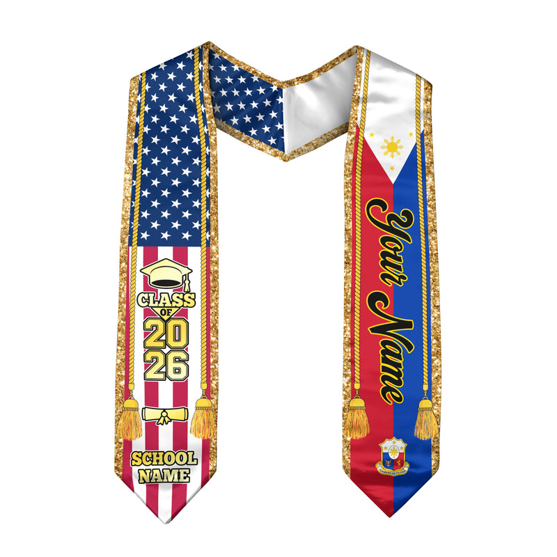 Customized Philippines Graduation Stole with Filipino Flag Emblem, Graduation Sash for Class of 2026