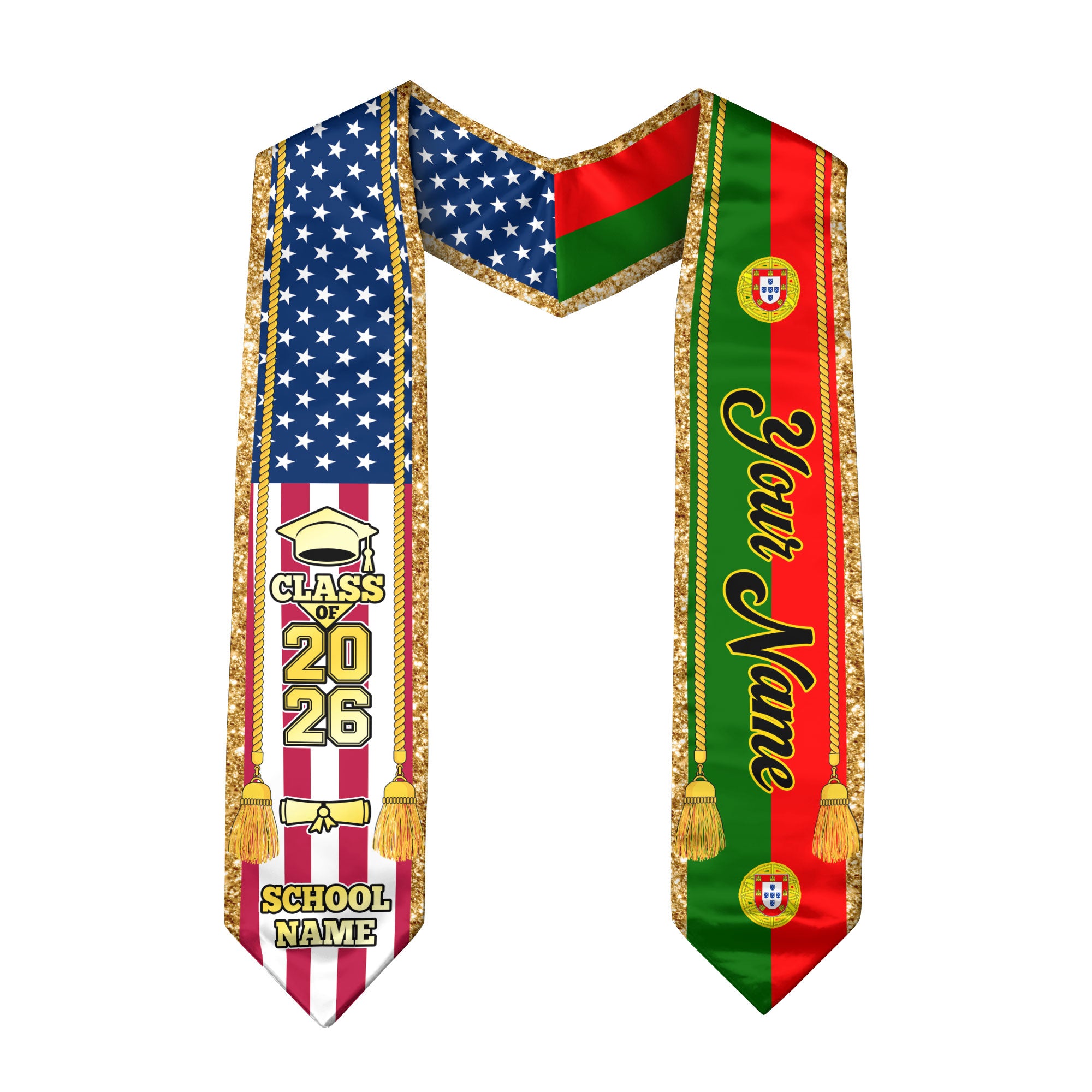Customized Portugal Graduation Stole with Portuguese Flag Emblem, Graduation Sash for Class of 2026
