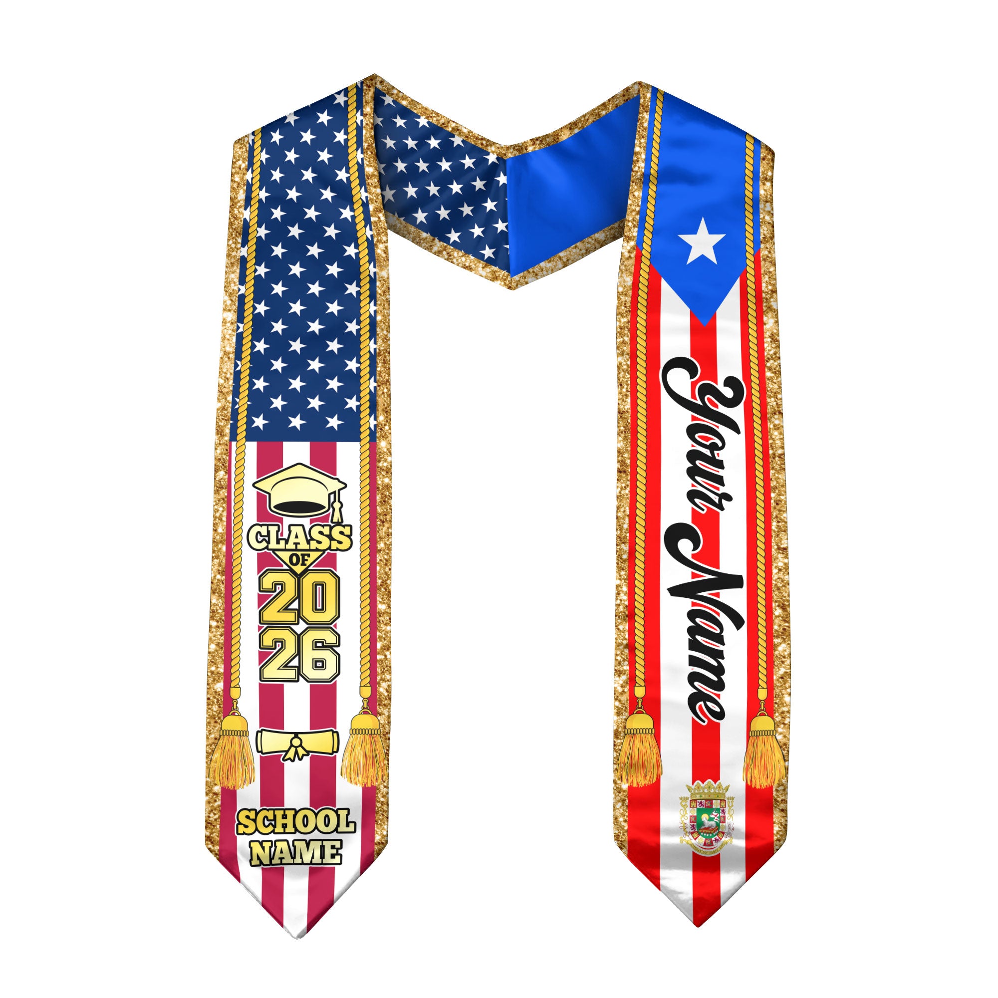 Customized Puerto Rico Graduation Stole with Puerto Rican Flag Emblem, Graduation Sash for Class of 2026