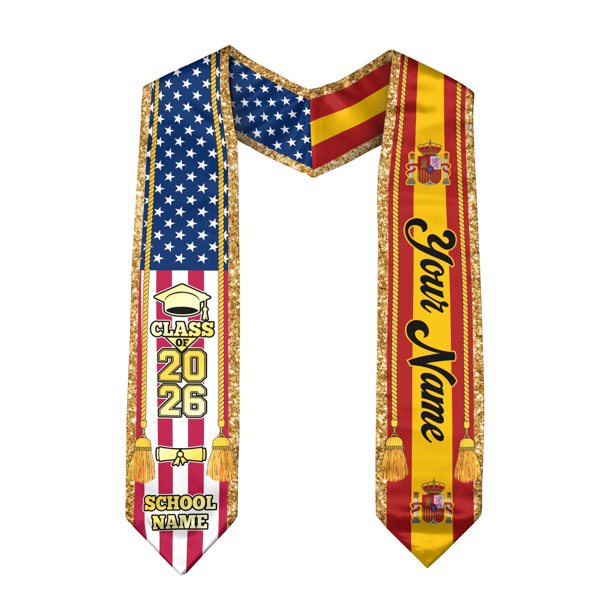 Customized Spain Graduation Stole with Spanish Flag Emblem, Graduation Sash for Class of 2026