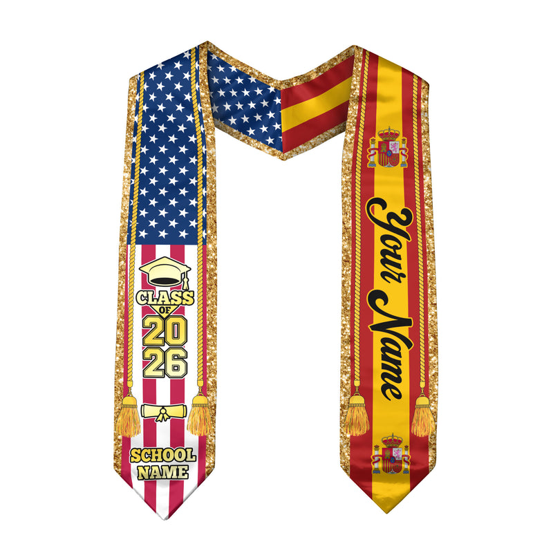 Customized Spain Graduation Stole with Spanish Flag Emblem, Graduation Sash for Class of 2026
