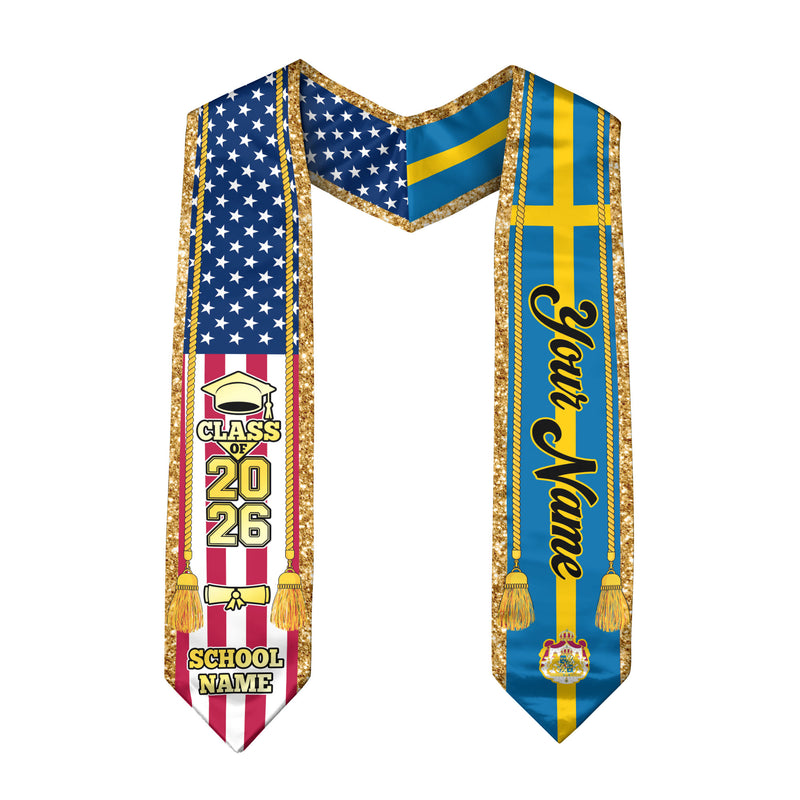 Customized Sweden Graduation Stole with Swedish Flag Emblem, Graduation Sash for Class of 2026