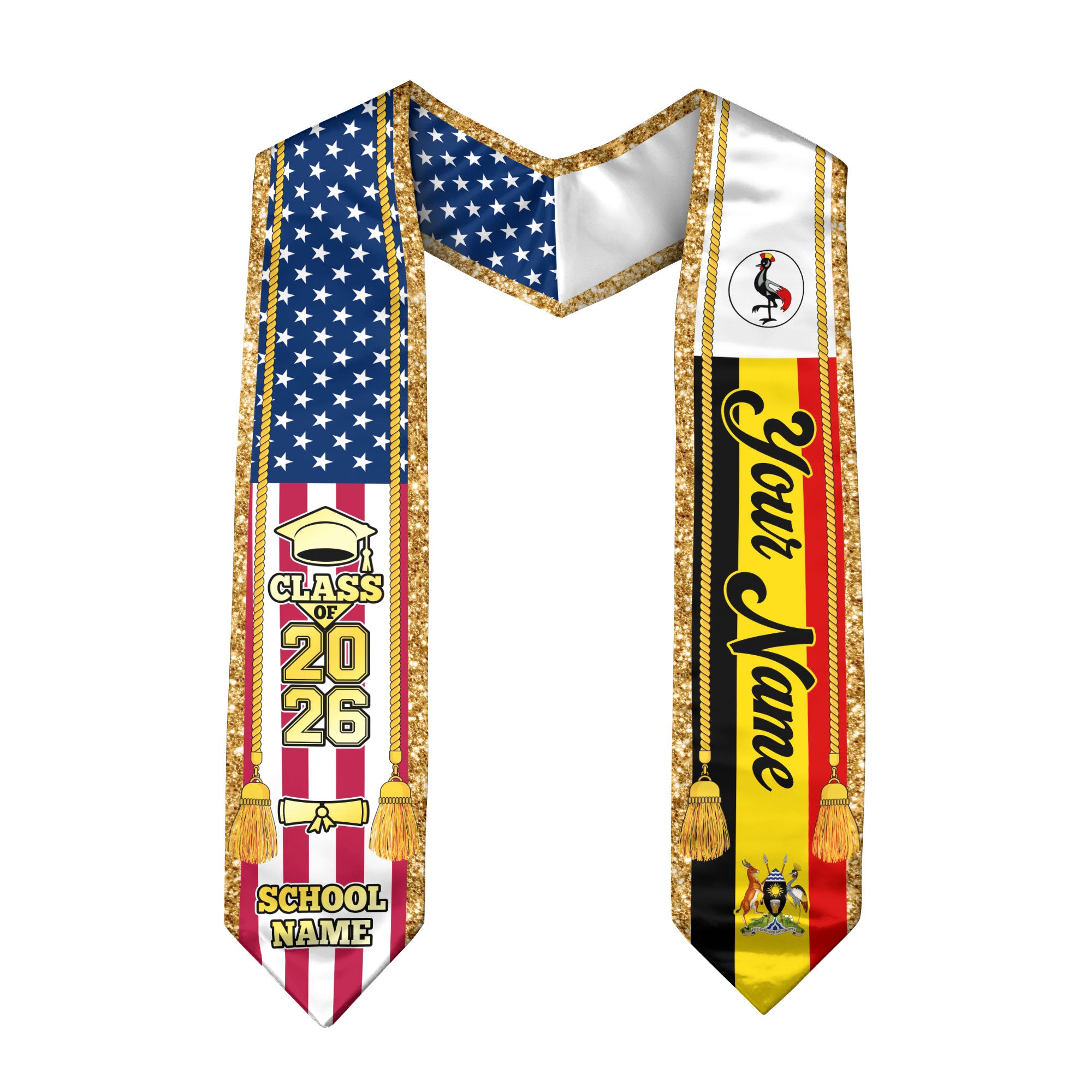 Customized Uganda Graduation Stole with Ugandan Flag Emblem, Graduation Sash for Class of 2026