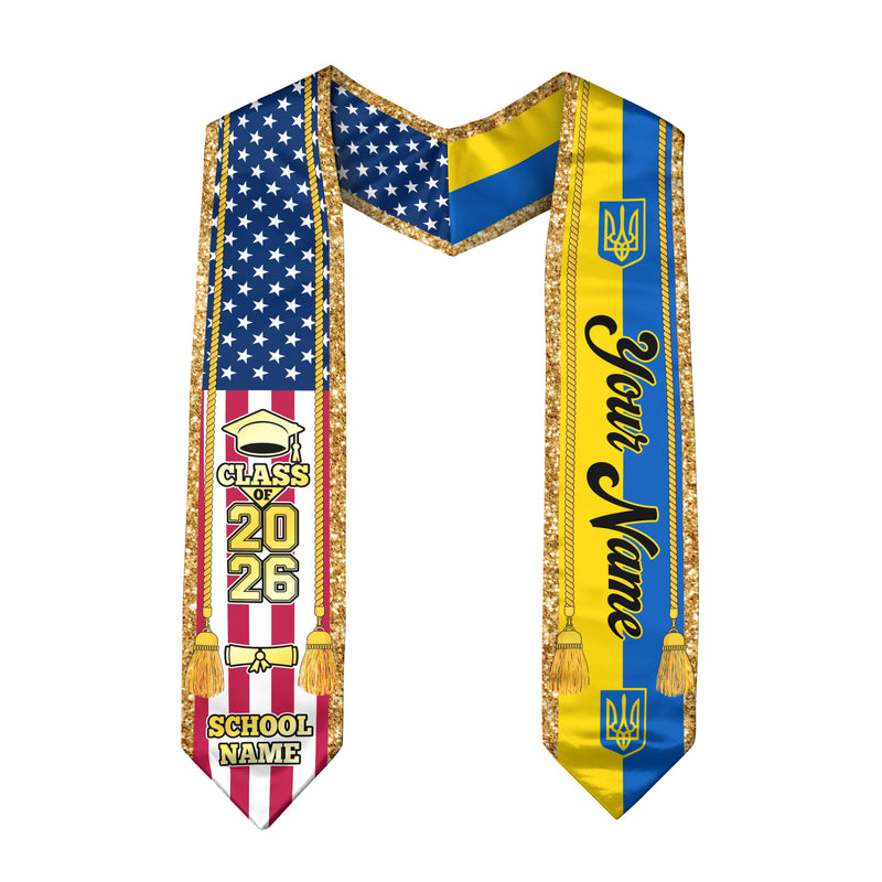 Customized Ukraine Graduation Stole with Ukrainian Flag Emblem, Graduation Sash for Class of 2026