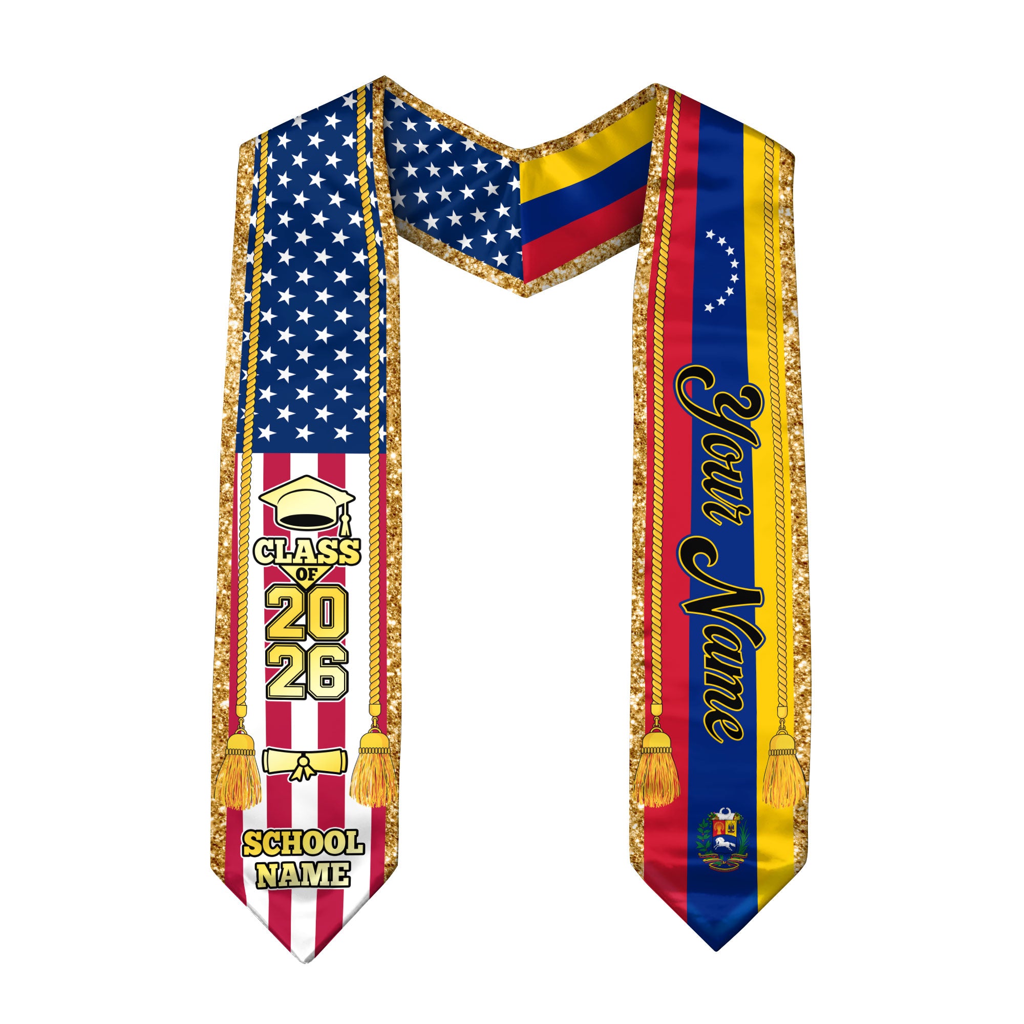 Customized Venezuela Graduation Stole with Venezuelan Flag Emblem, Graduation Sash for Class of 2026
