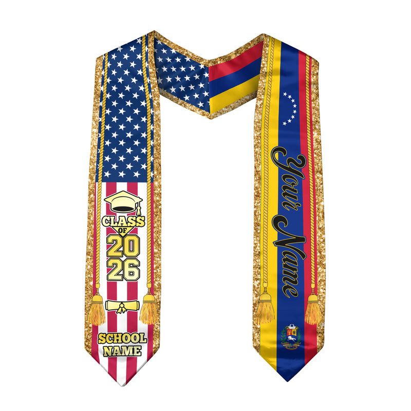 Customized Venezuela Graduation Stole with Venezuelan Flag Emblem, Graduation Sash for Class of 2026