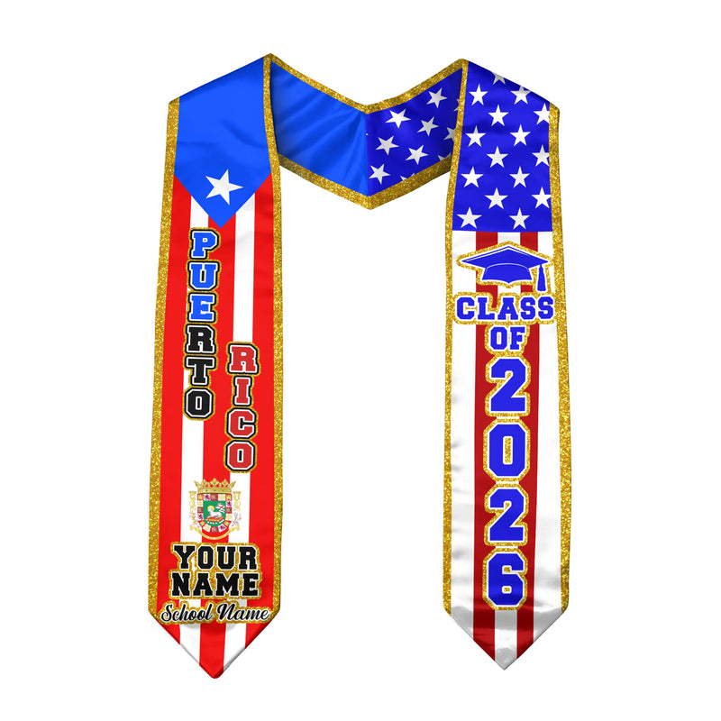 Puerto Rico Flag Graduation Sash 2026, Personalized Stole, Customizable Detail
