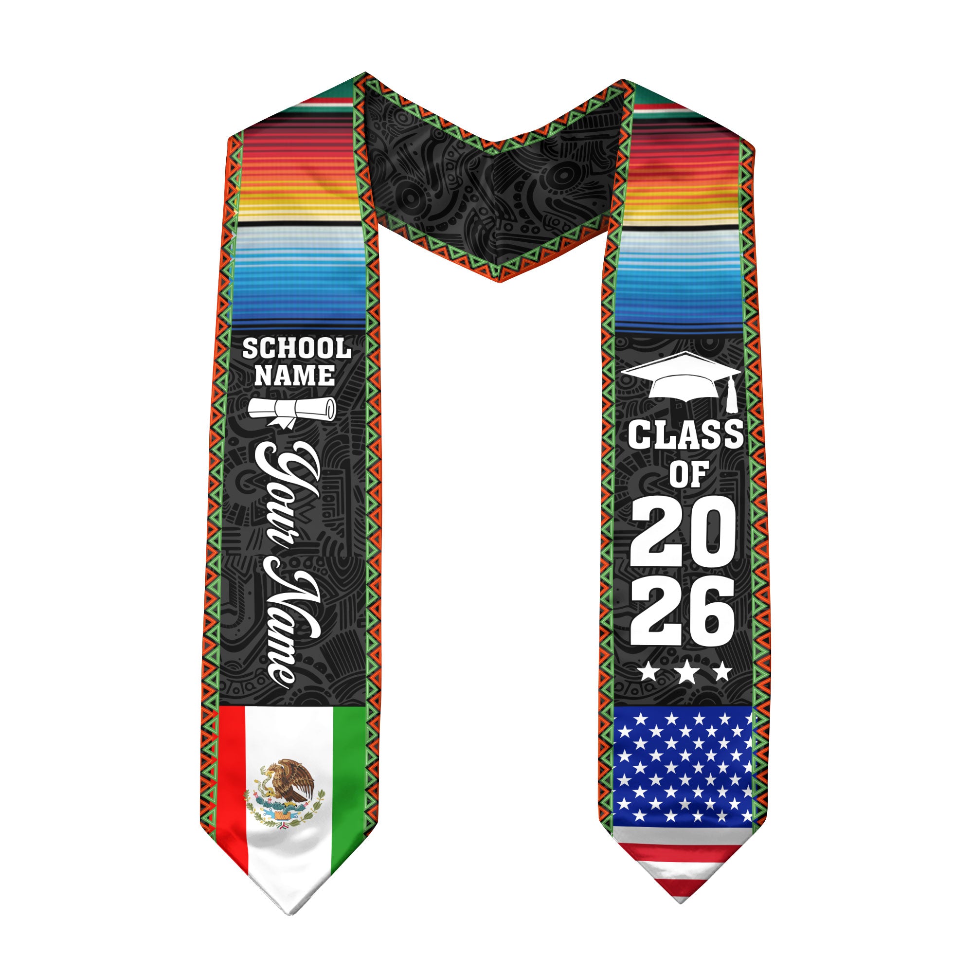 Mexican Flag Stole 2026, Mexico Graduation Sash, Optional Personalized Detail for Pictures
