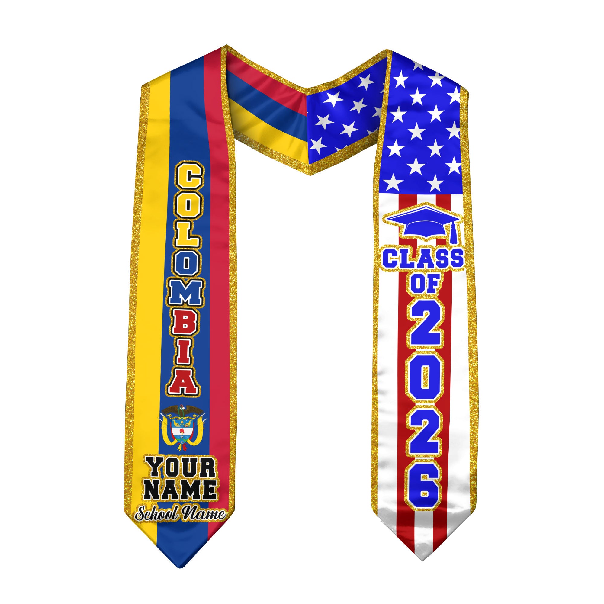 Customized Graduation Stole Colombia, Colombia Flag Graduation Sash, Custom Stole for Graduation 2026